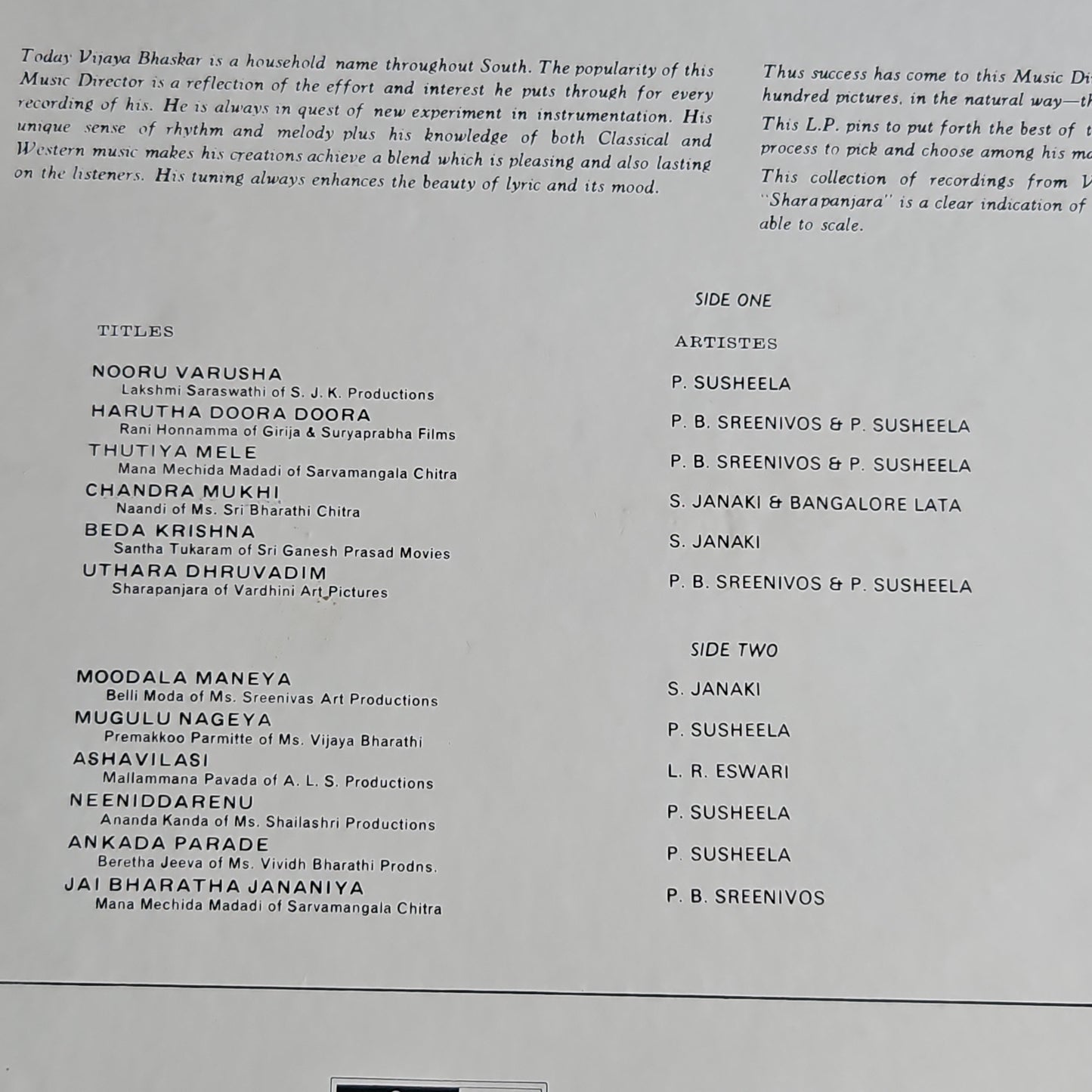 Vijaya Bhaskar - Hits of Southern Maestro in MINT 1st Odeon (RARE)