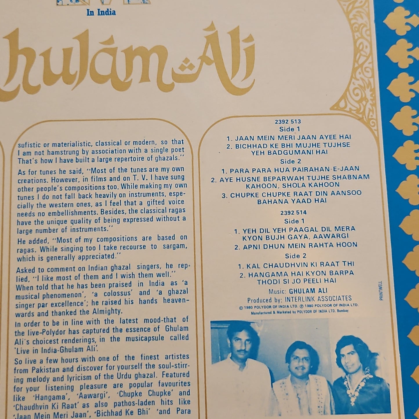 Ghulam Ali Live In India (Urdu Ghazals) 2 Lp set in near mint