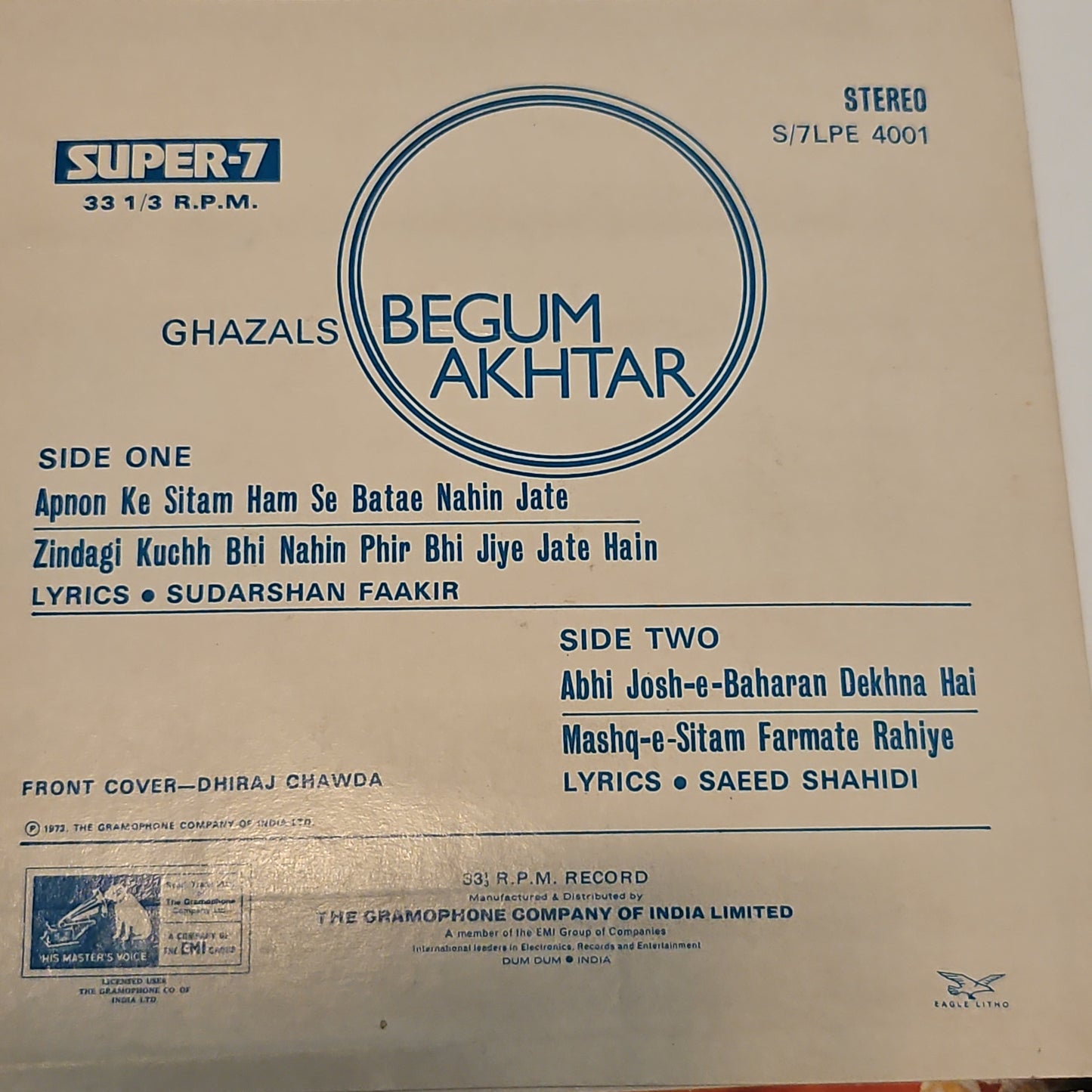 Begum Akhtar - Ghazals - Rarein super 7 - unplayed MINT