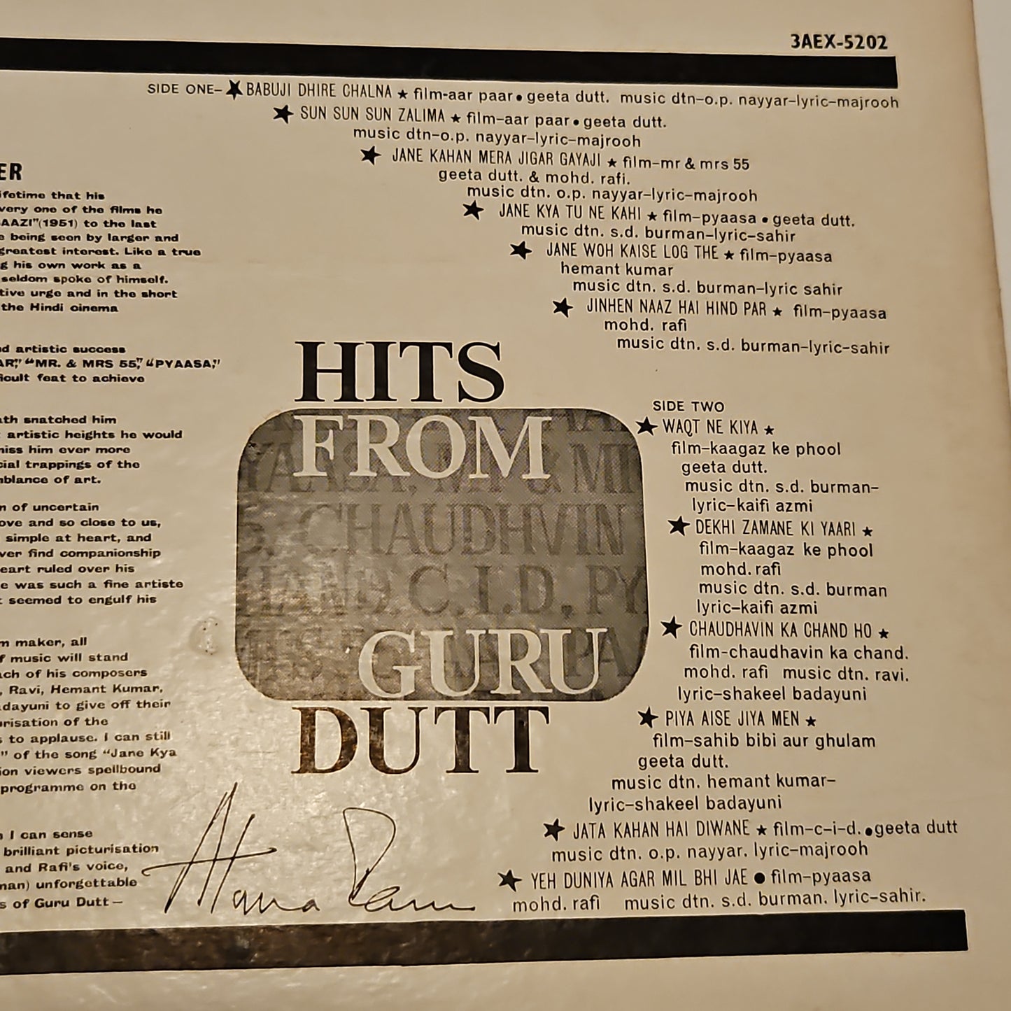 Hits of guru dutt - 1st Angel - includes *kagaz ke phool* songs in Excellent to NM