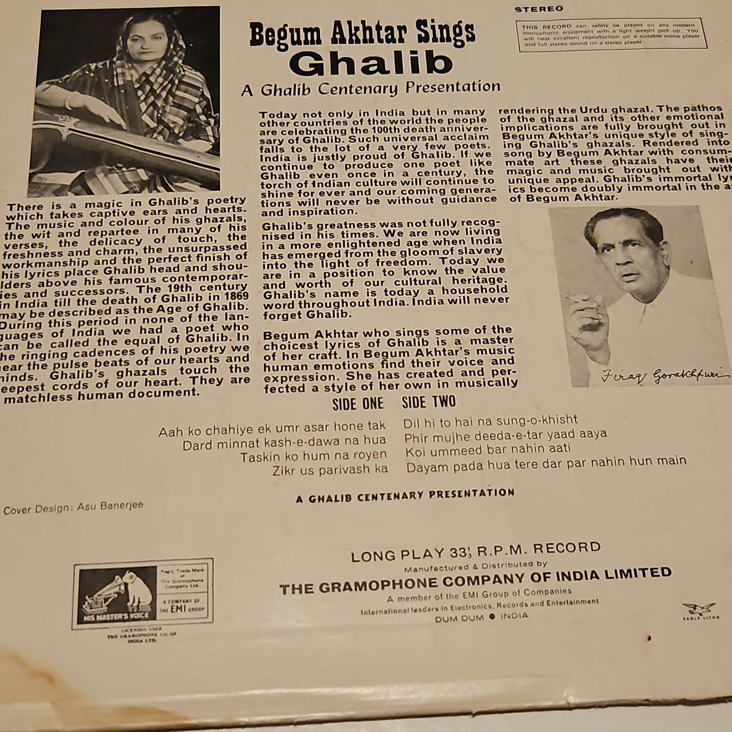 Begum Akhtar -Sings Ghalib in Stereo record in Excellent condition
