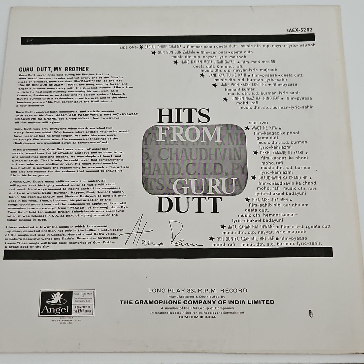 Hits of guru dutt - Odeon - includes *kagaz ke phool* songs in Excellent+