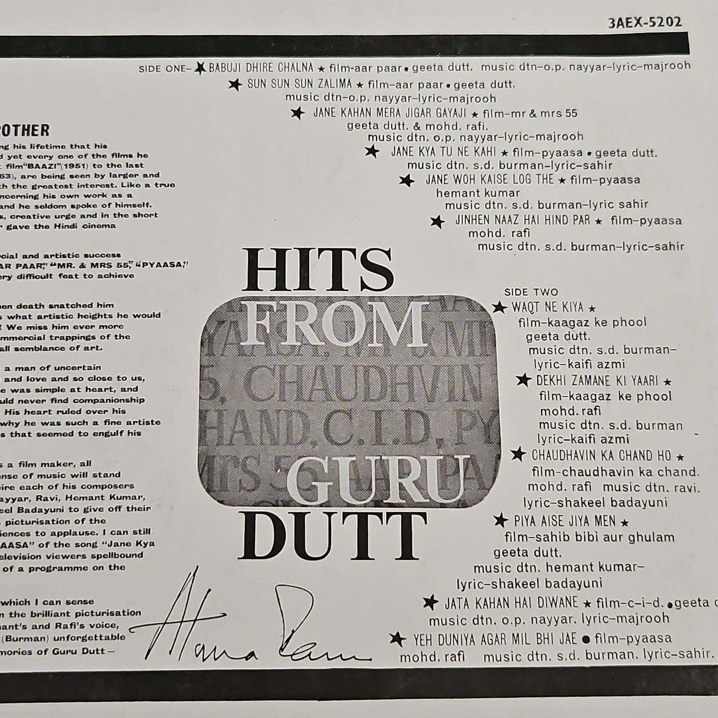 Hits of guru dutt - Odeon - includes *kagaz ke phool* songs in Excellent+