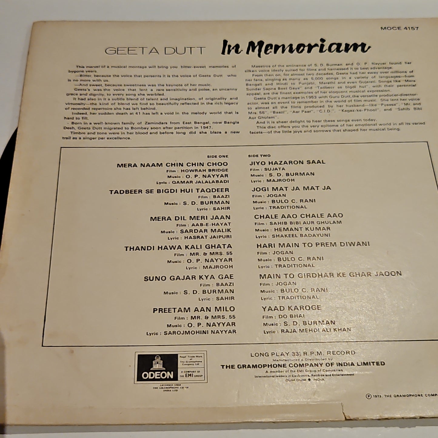 Geeta Dutt In Memoriam 1st Edition Ring Odeon in excellent condition