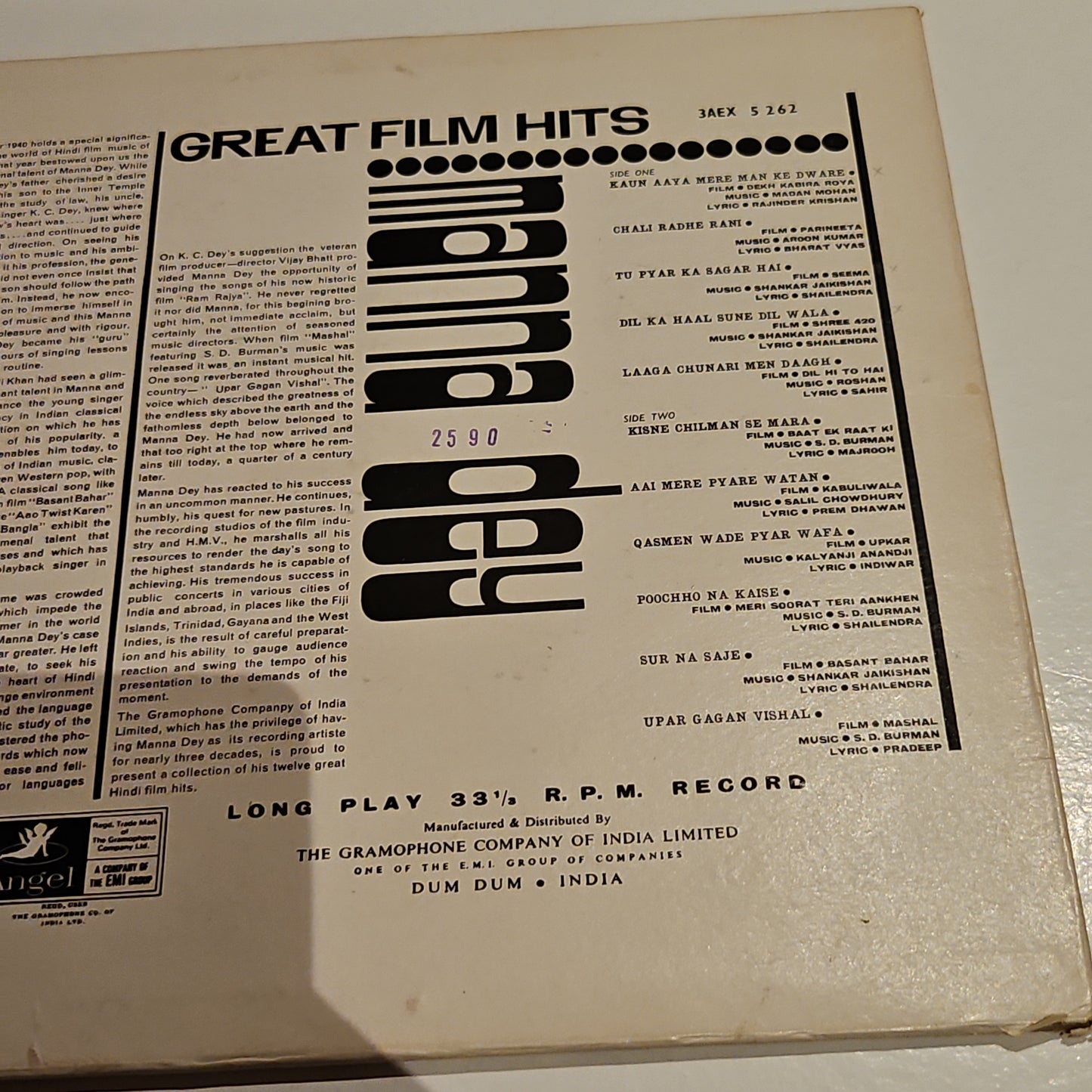 Manna Dey - Great Film Hits - 1st Angel - in Excellent to near mint
