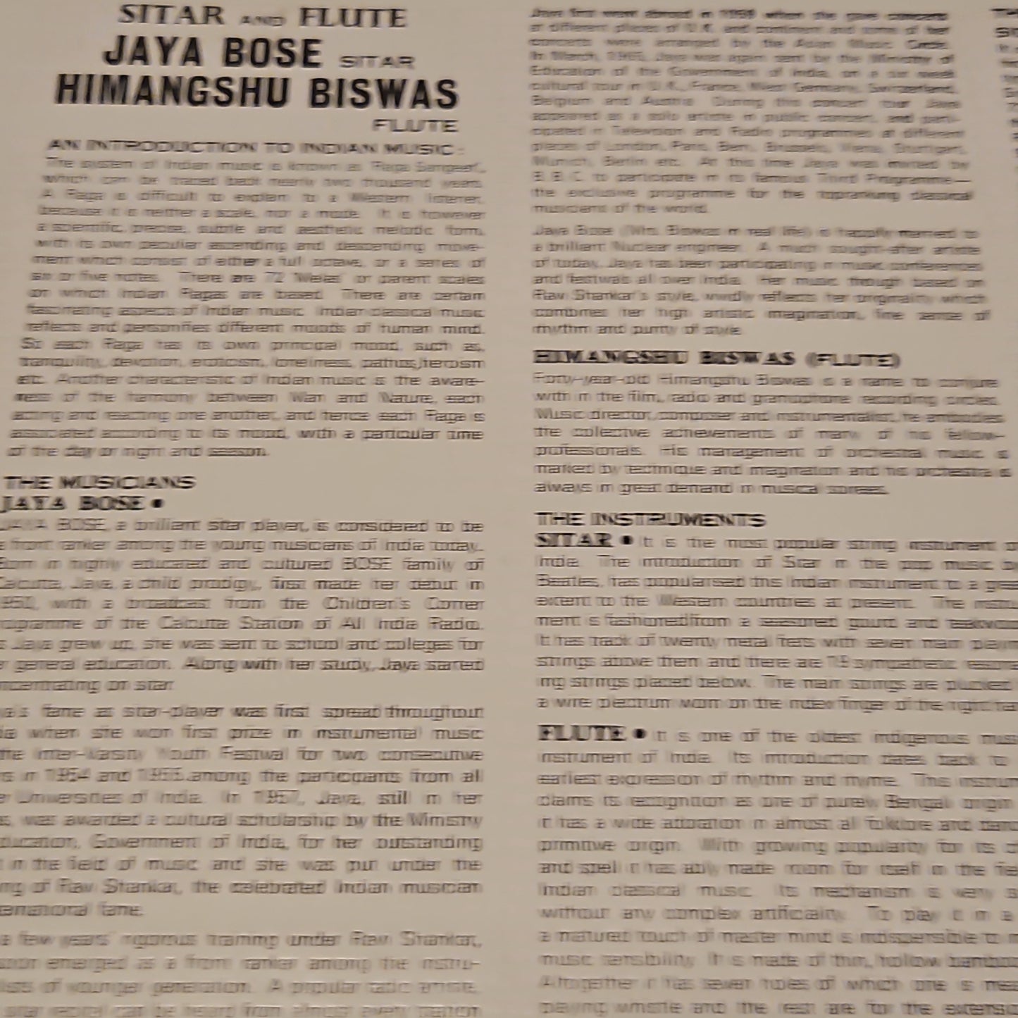 Jaya Bose And Himangshu Biswas Sitar & Flute in near mint