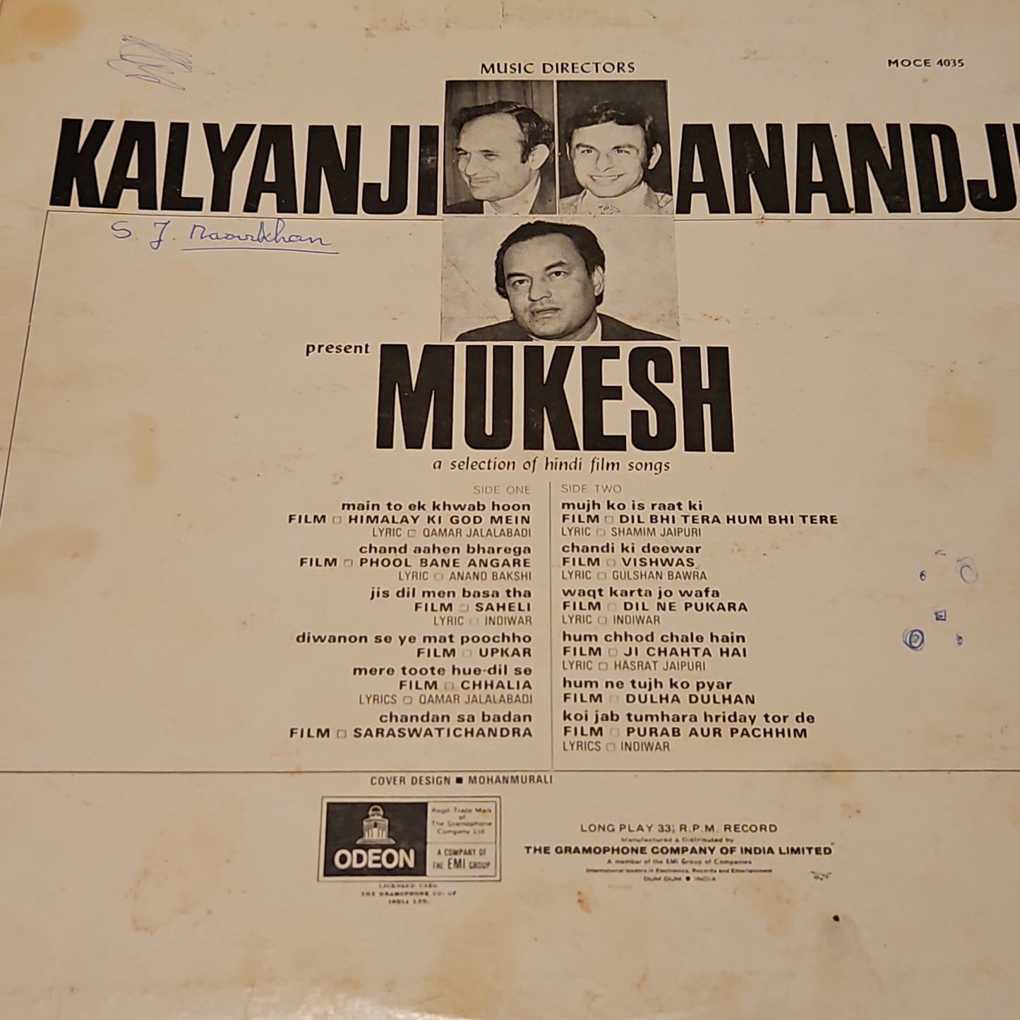 Kalyanji Anandji present MUKESH 1st Edition Ring Odeon in VG+