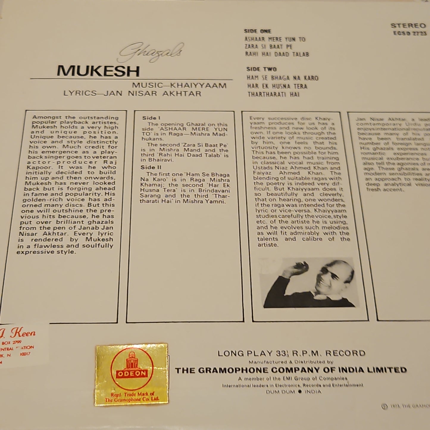 Mukesh - Ghazals of Mukesh music Khaiyaam ln near mint pristine