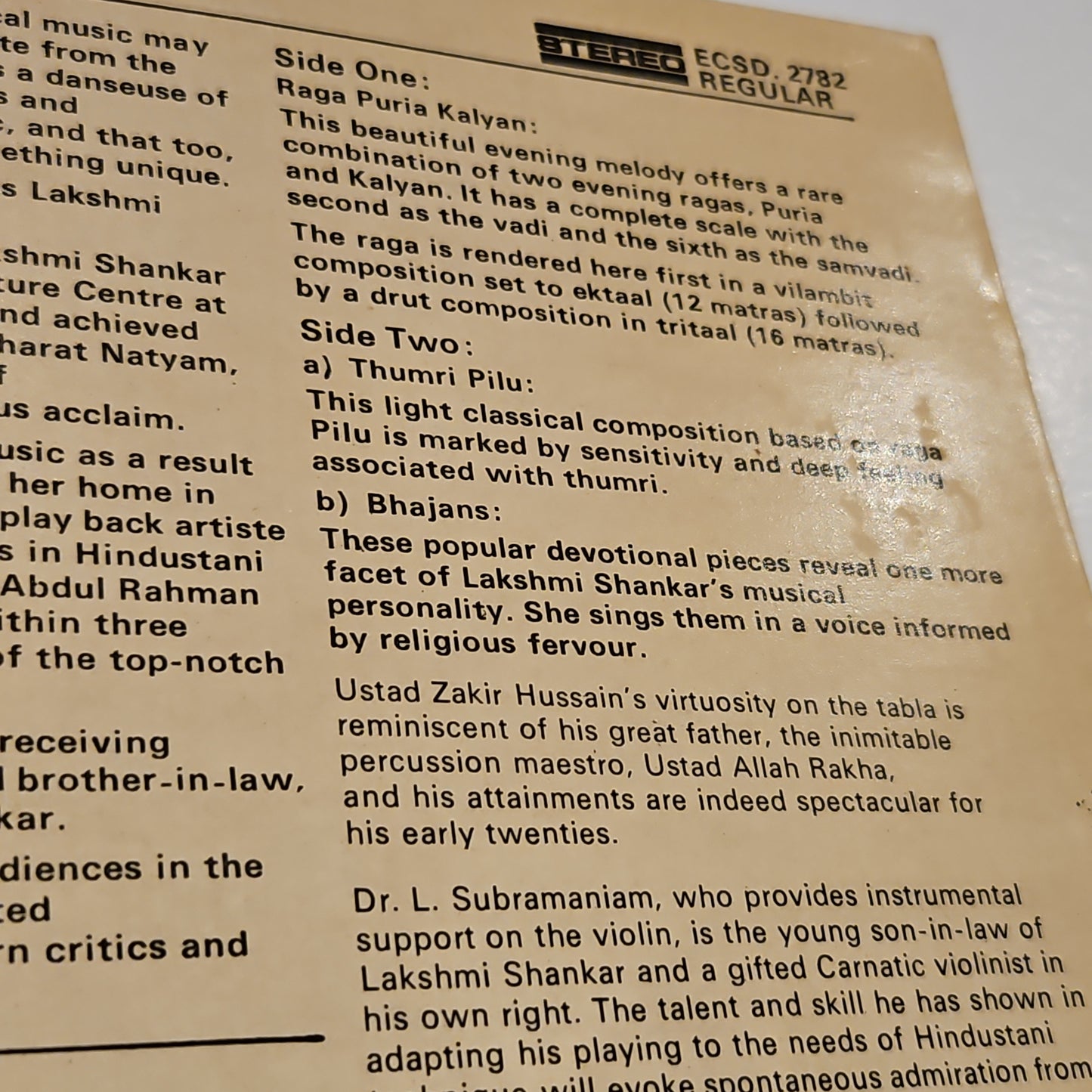 Lakshmi Shankar Sings Khayal, Thumri & Bhajan with Zakir Hussain in near mint
