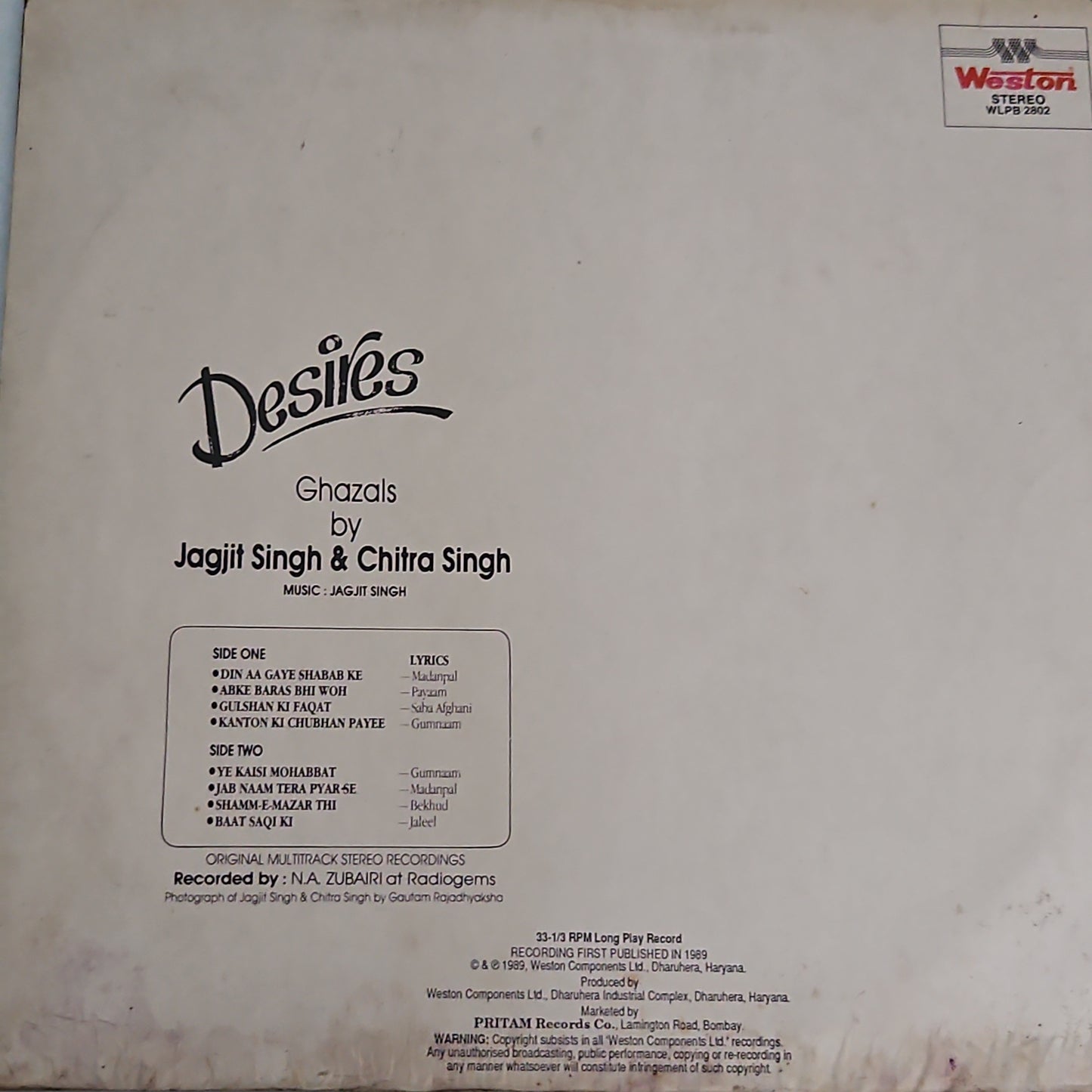Desires - Jagjit Singh and Chitra Singh - in VG+