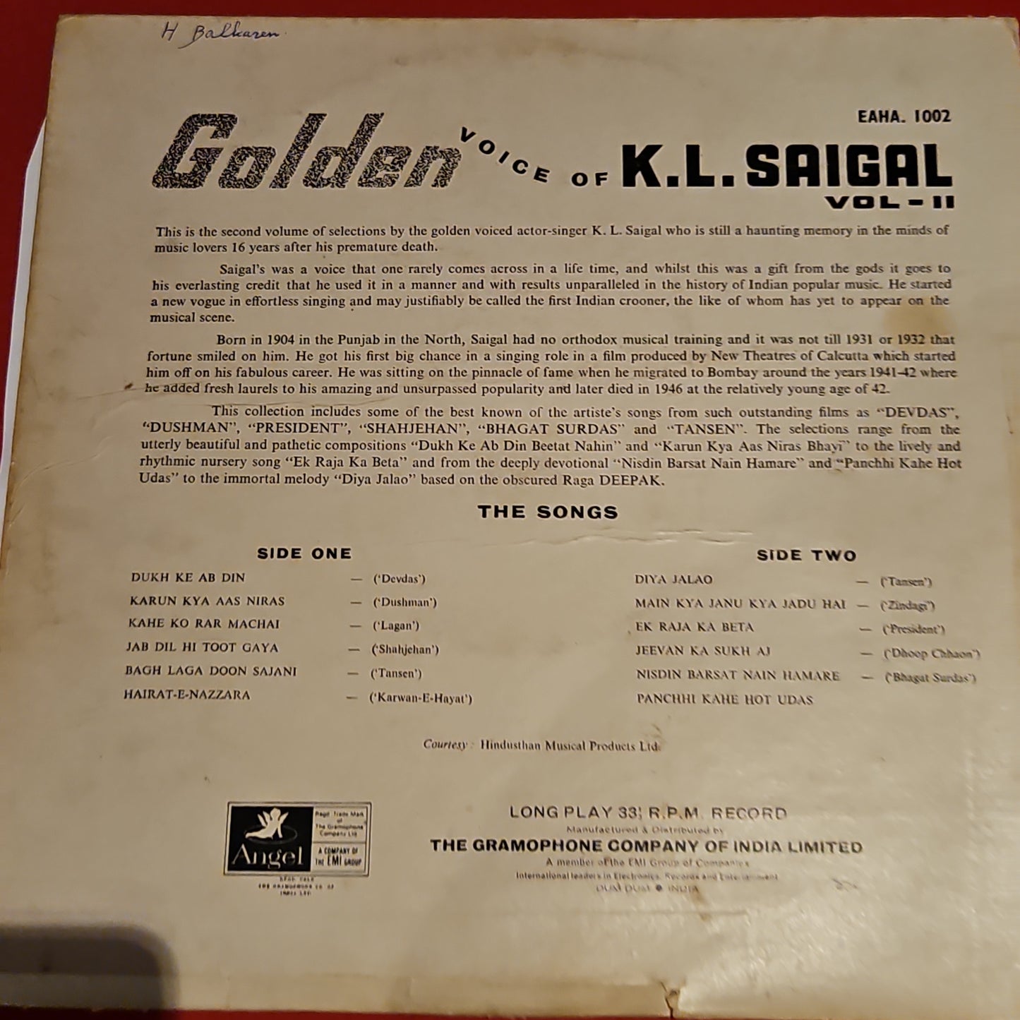 K. L. Saigal Memories Of Greatness (The Golden Voice Of K.L. Saigal) vol 2 - Angel in excellent condition