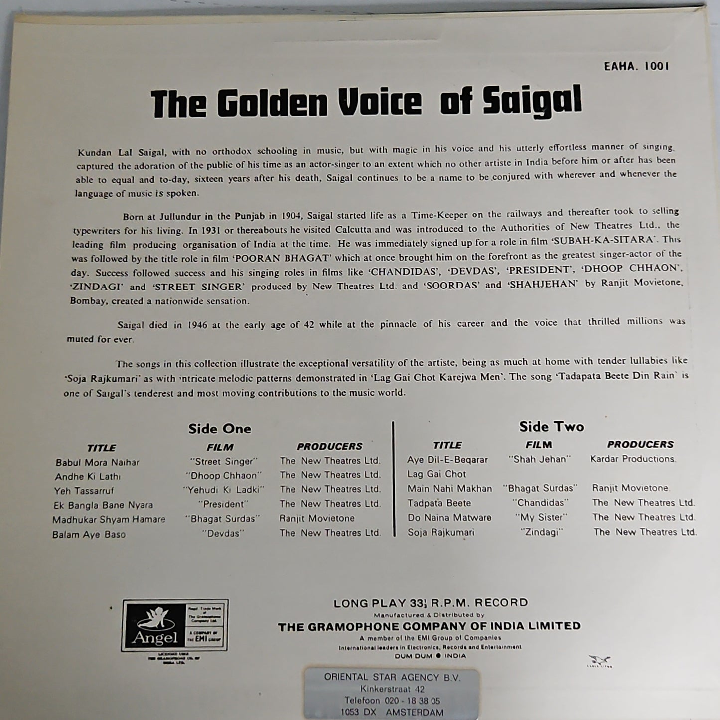 K. L. Saigal - Memories Of Greatness (The Golden Voice Of K.L. Saigal) vol 1 Angel odeon in near mint condition Pristine