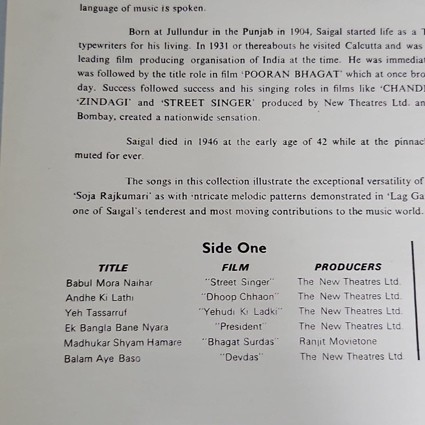 K. L. Saigal - Memories Of Greatness (The Golden Voice Of K.L. Saigal) vol 1 Angel odeon in near mint condition Pristine