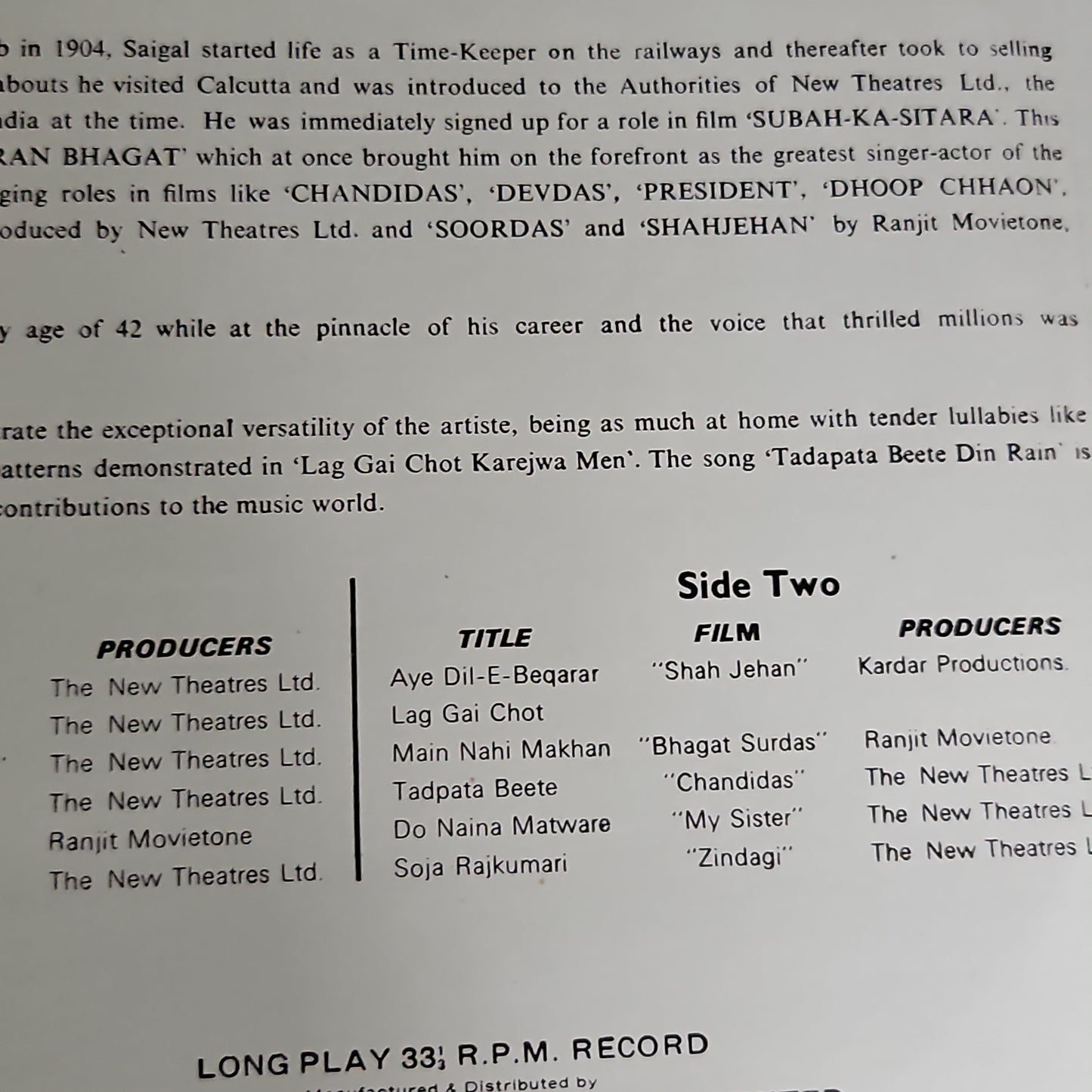K. L. Saigal - Memories Of Greatness (The Golden Voice Of K.L. Saigal) vol 1 Angel odeon in near mint condition Pristine