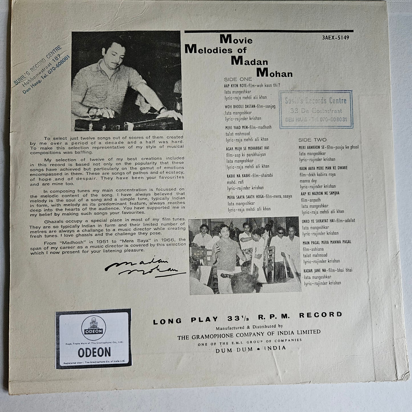 Madan Mohan - Movie melodies of Madan Mohan" 1st Odeon Ring in near mint