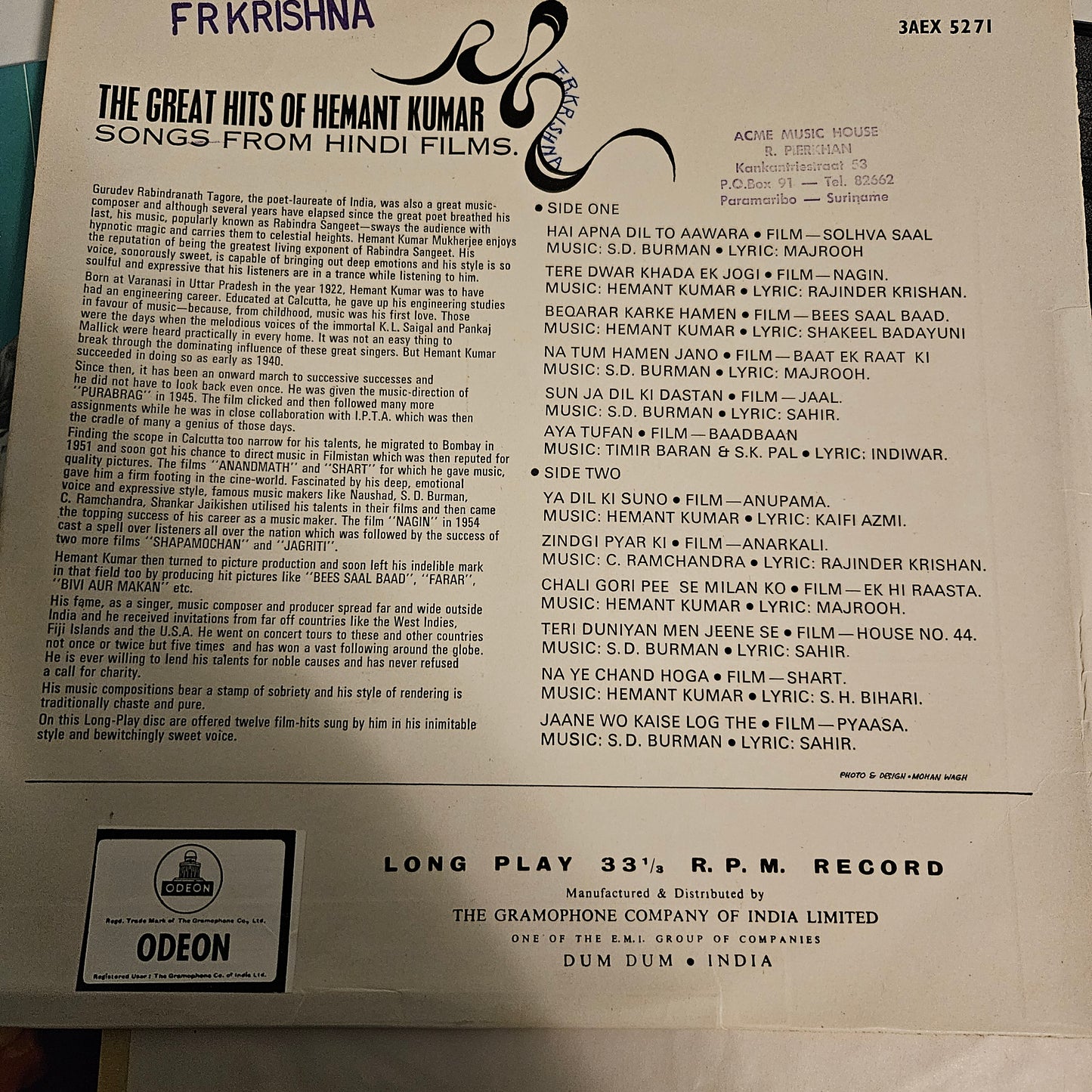 Hemant Kumar - The great hits of Hemant Kumar ring odeon in VG+