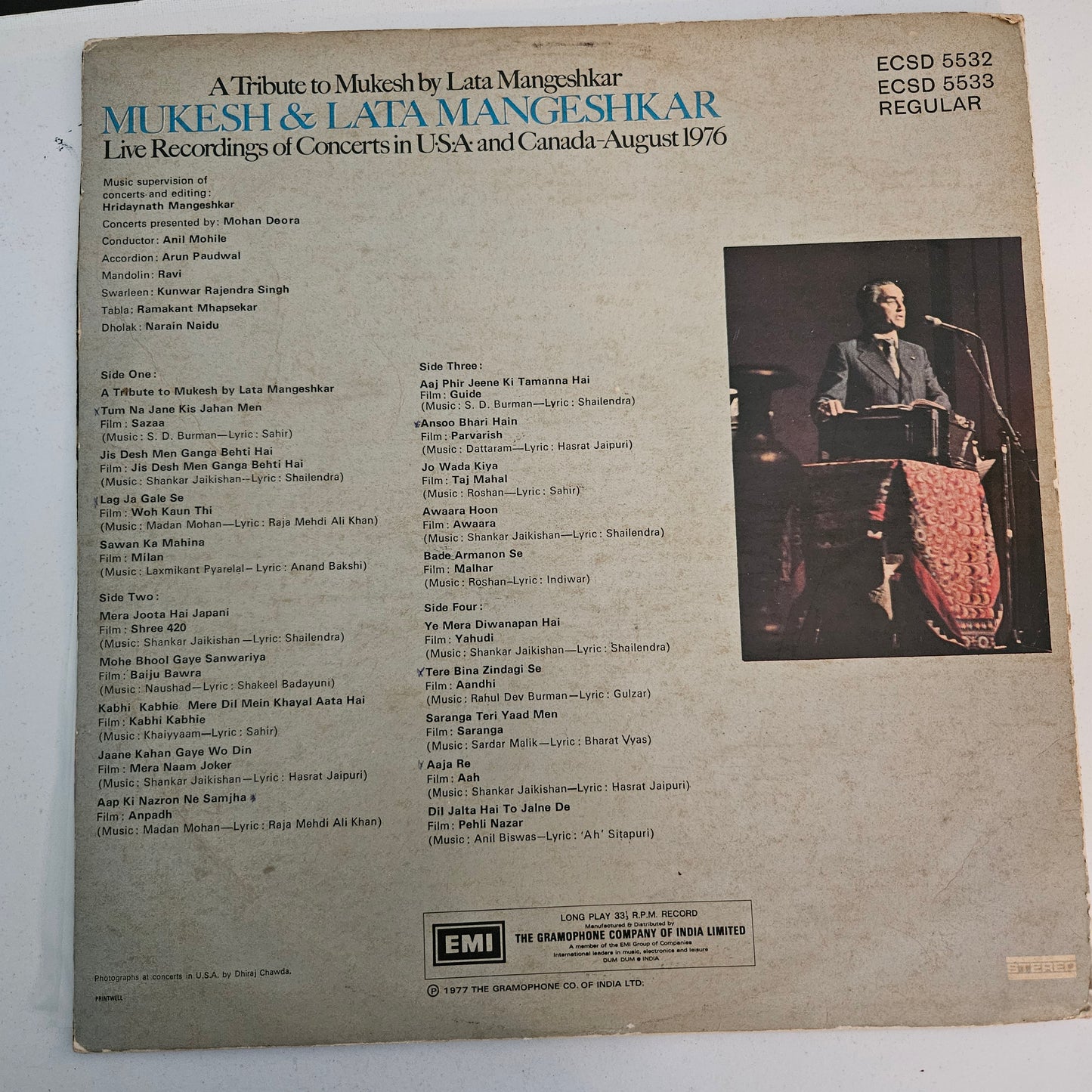 Mukesh and Lata Mangeshkar - A Tribute To Mukesh By Lata Mangeshkar (Live Recordings Of Concerts In USA And Canada-August 1976) in near mint