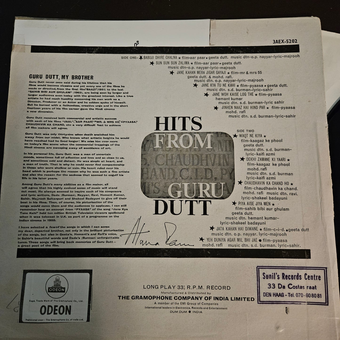 Hits of guru dutt - 1st Odeon - Ring version in VG+ includes *kagaz ke phool* songs