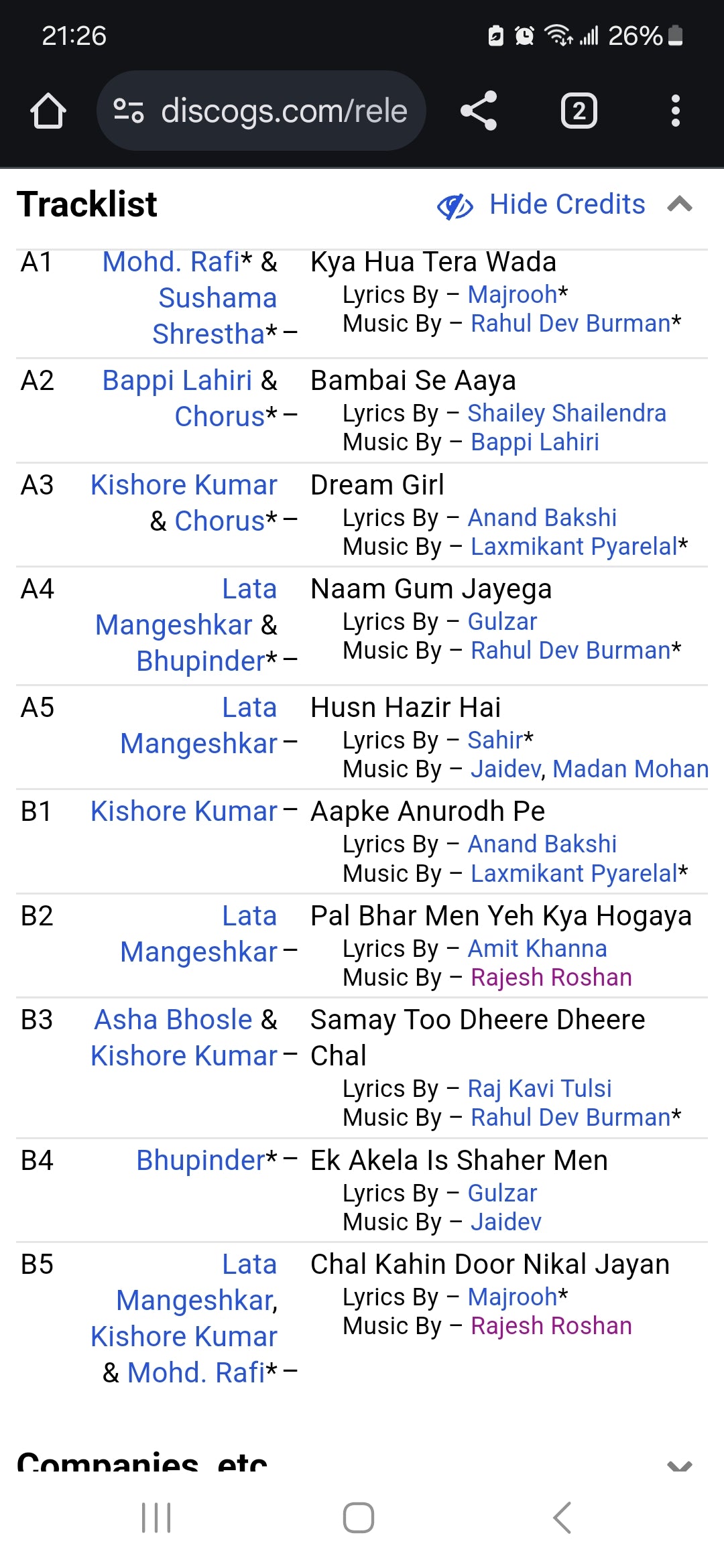 Film Hits 1977 in near mint superhit songs Supreme category