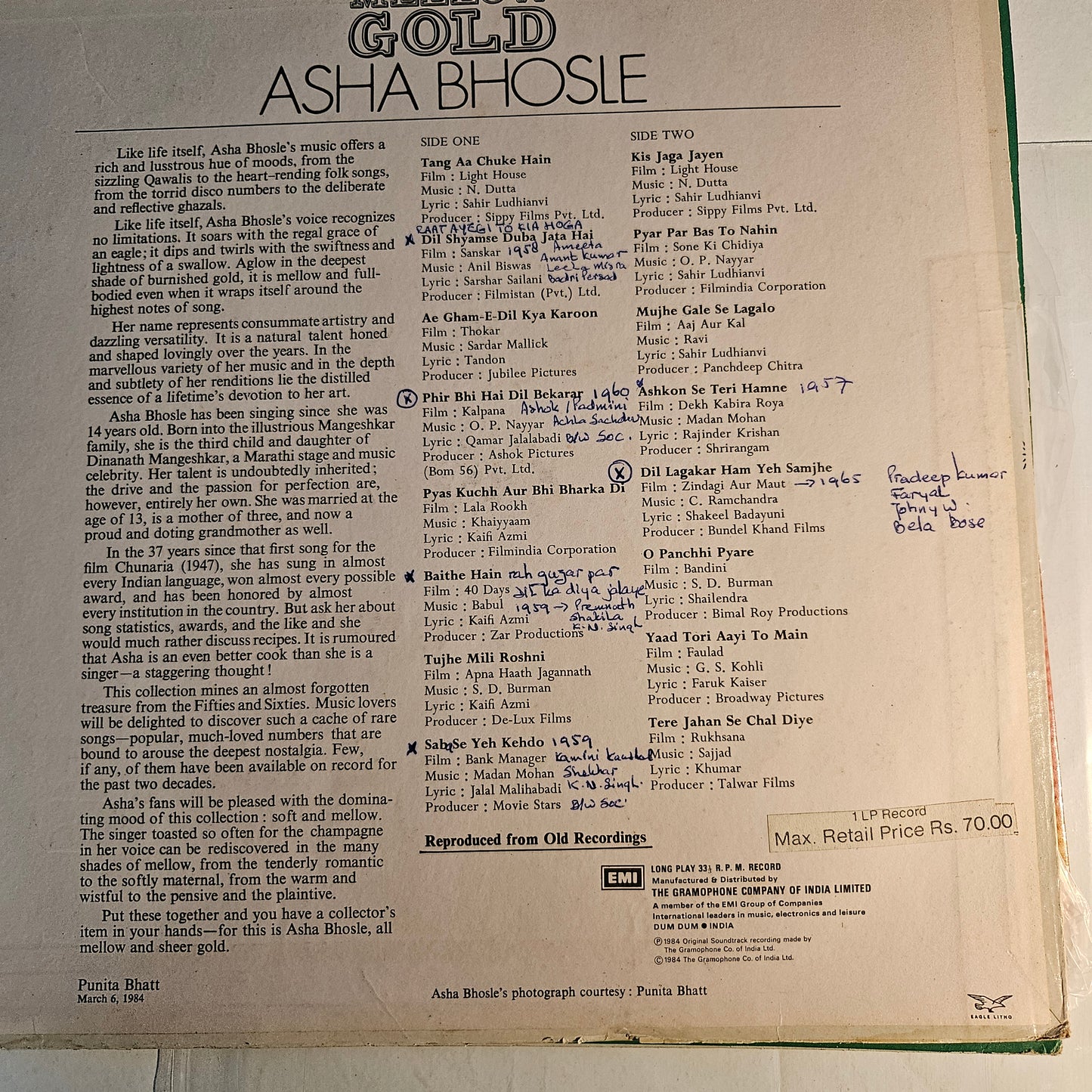 Asha Bhosle 3 lps All time Superhit Albums in Near mint