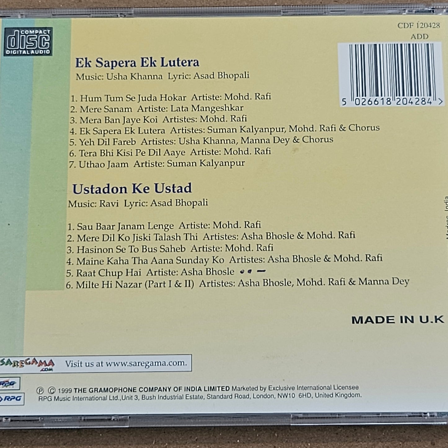 Ek Sapera Ek Lutera and Ustadon ke Ustad Music By usha khanna- Audio CD 1st edition made in UK Near mint