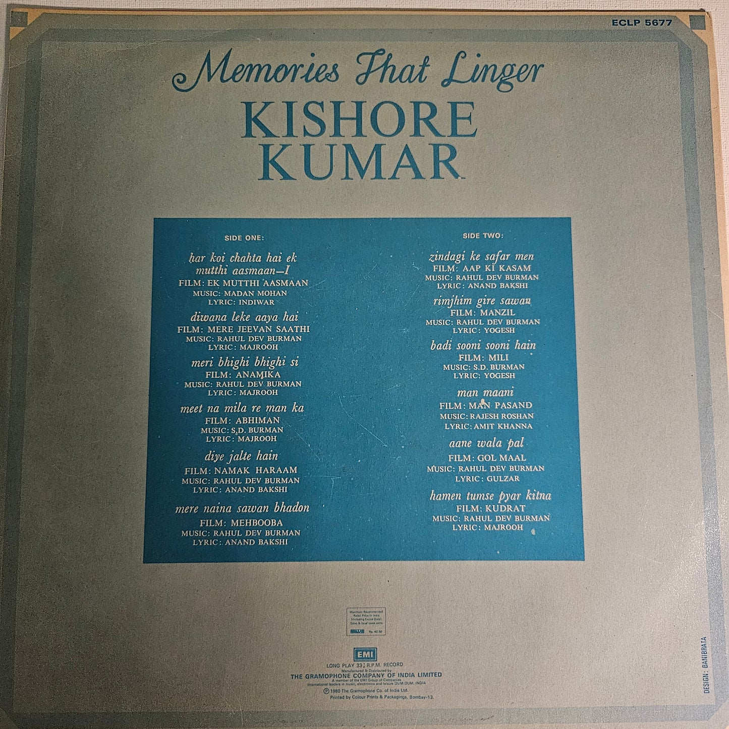 Kishore Kumar - memories that linger- Superb collection in VG++ include Rimzim Gire sawan, diye jalte hai and aanewala pal