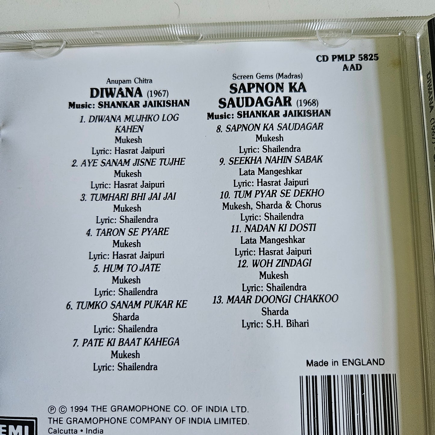 Diwana and Sapno ka Saudagar Music By shankar Jaikishan - Audio CD 1st edition made in UK Near mint