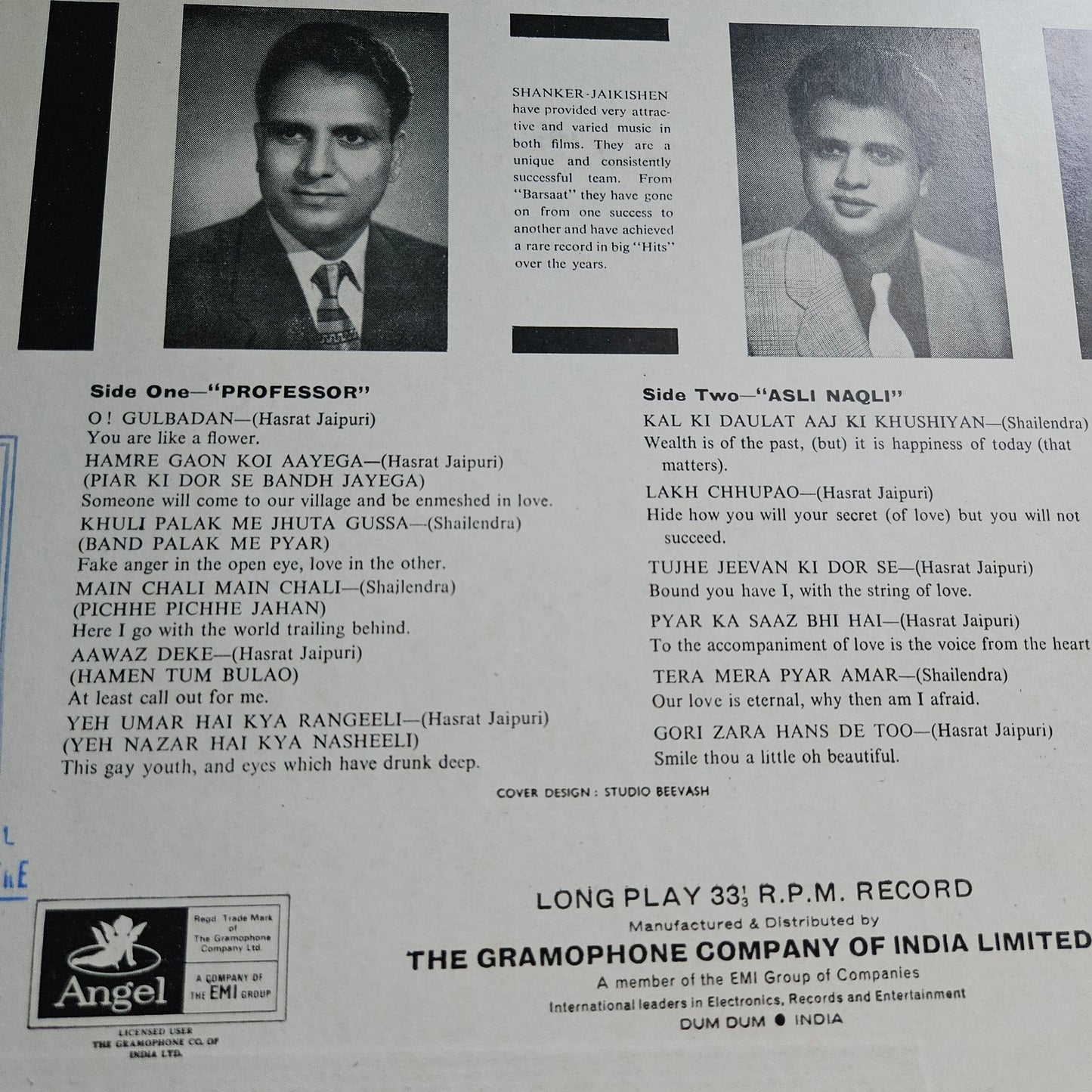 Professor + Asli Naqli Shankar jaikishan eternal classic Odeon near mint