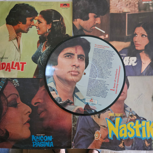 5 Amitabh superhit Albums Faraar, Khoon Pasina + Adalat + Nastik  Music Kalyanji Anadji -   LPs  in Excellent condition plus Amitabh Picture Disc for Amitabh fans