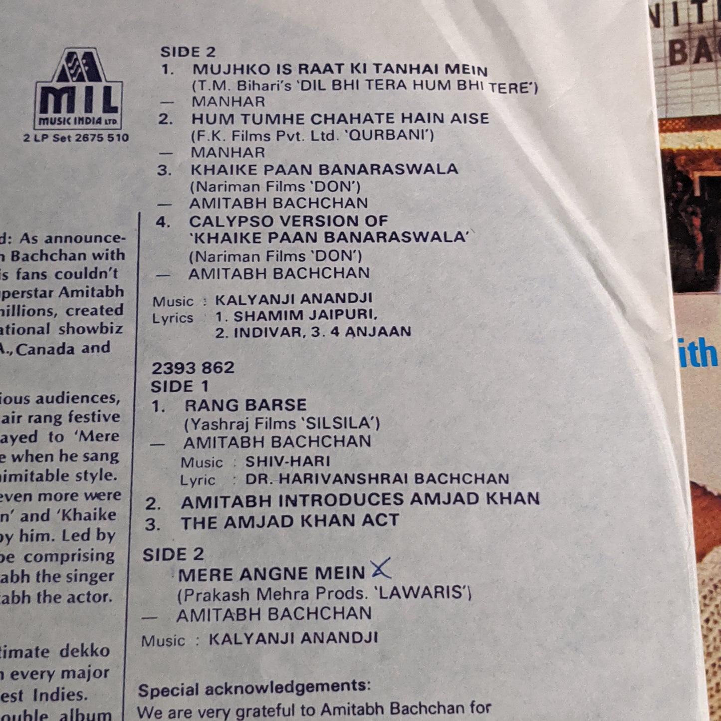 Amitabh Bachchan Live - 2 LP set - Music India - Excellent