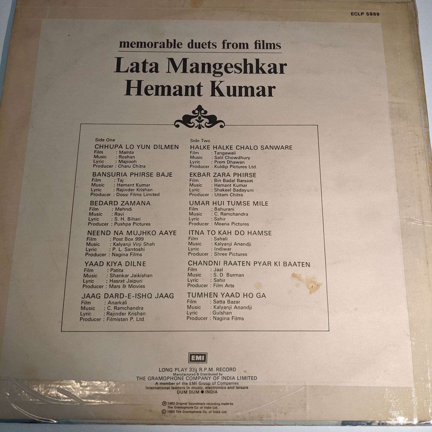 Duets of Lata Mangeshkar & Hemant Kumar record VG+