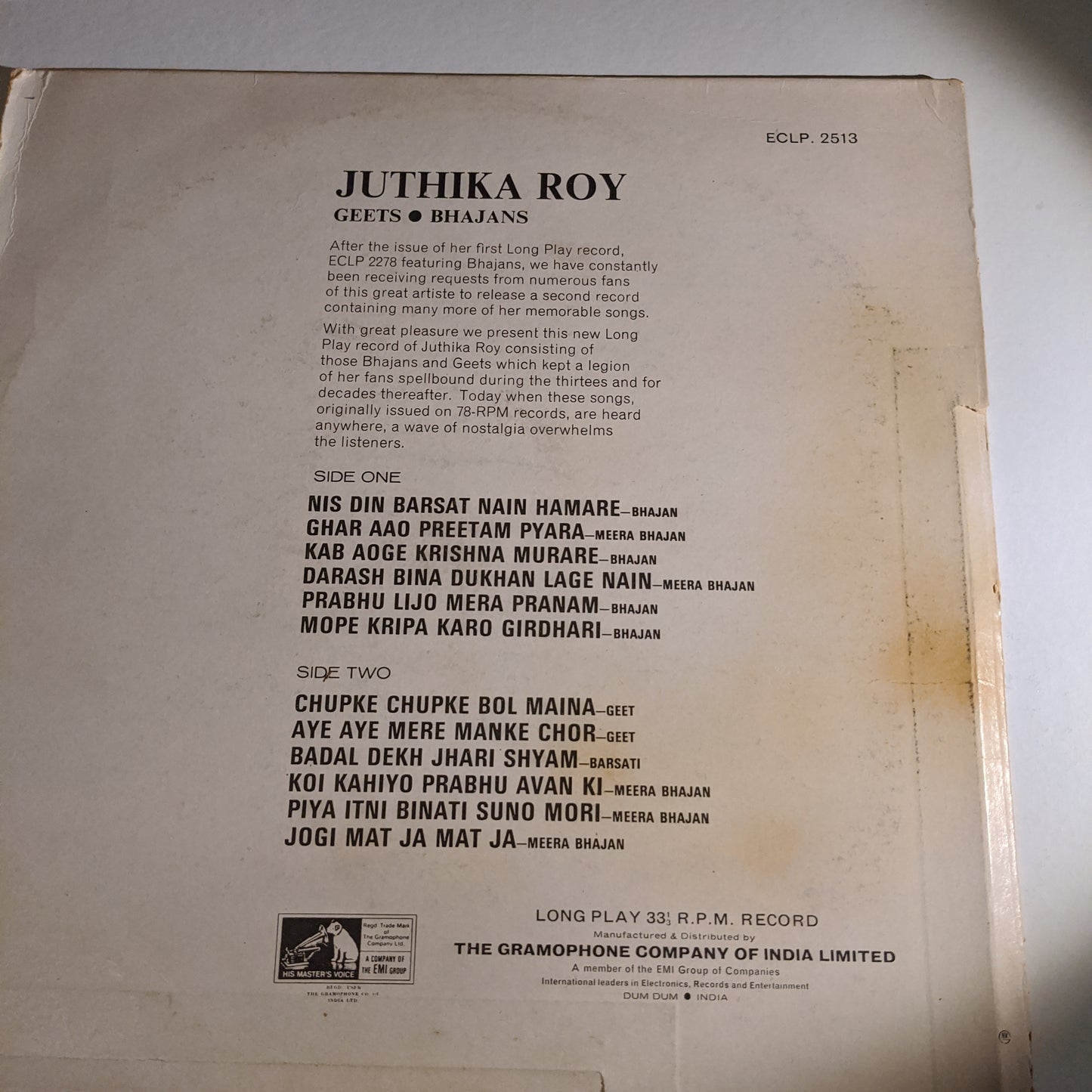 Juthika Roy - Geets and Bhajans - Black HMV label made in Collectible in excellent condition
