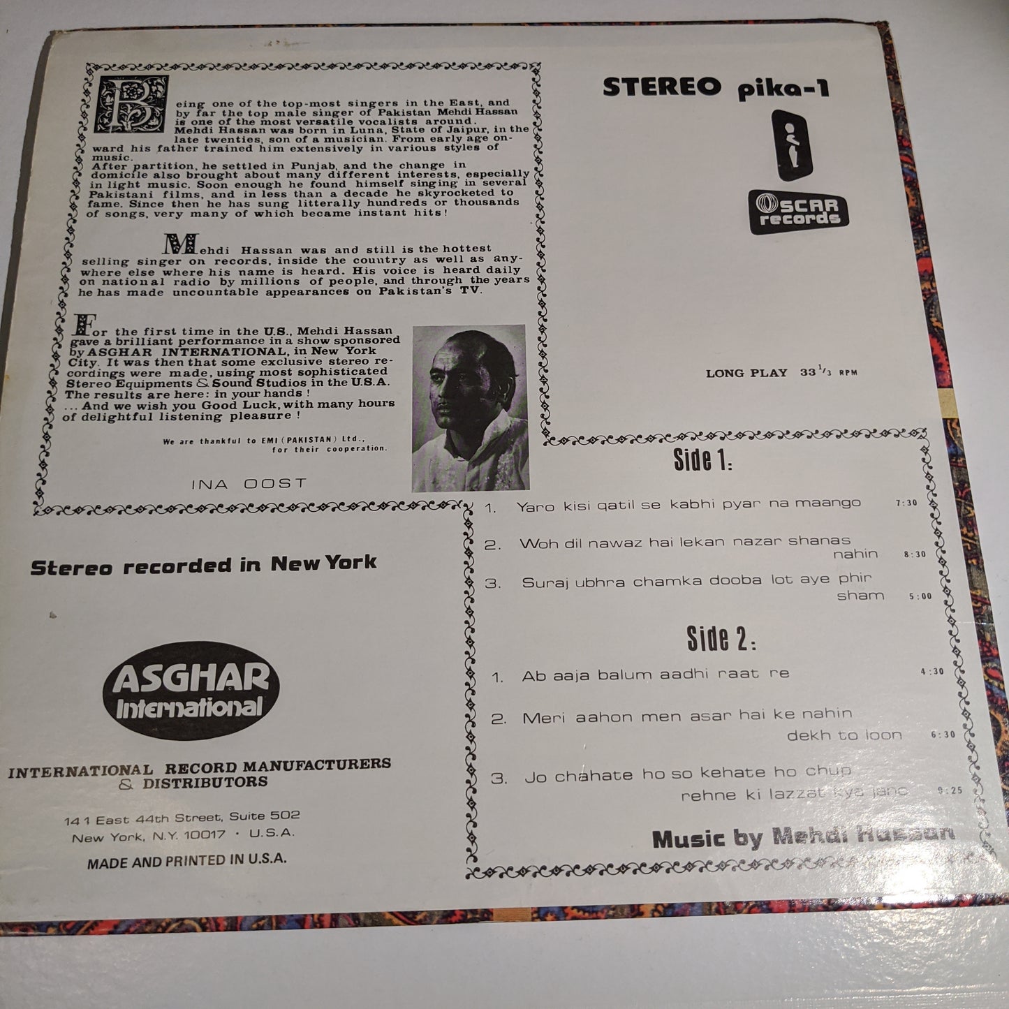 Mehdi Hassan - geets and Ghazals in near mint - Recorded in New York