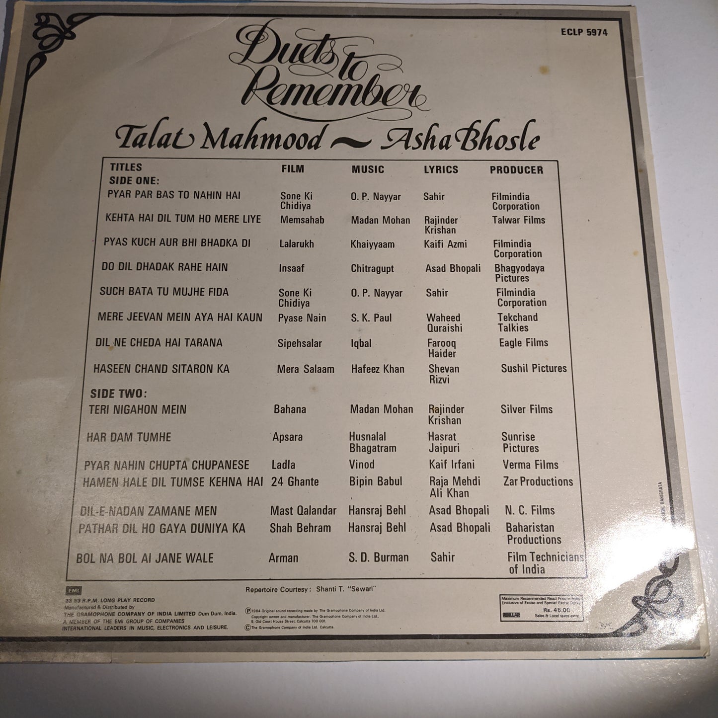 Talat Mahmood and Asha Bhosle - Duets to remember near mint condition.