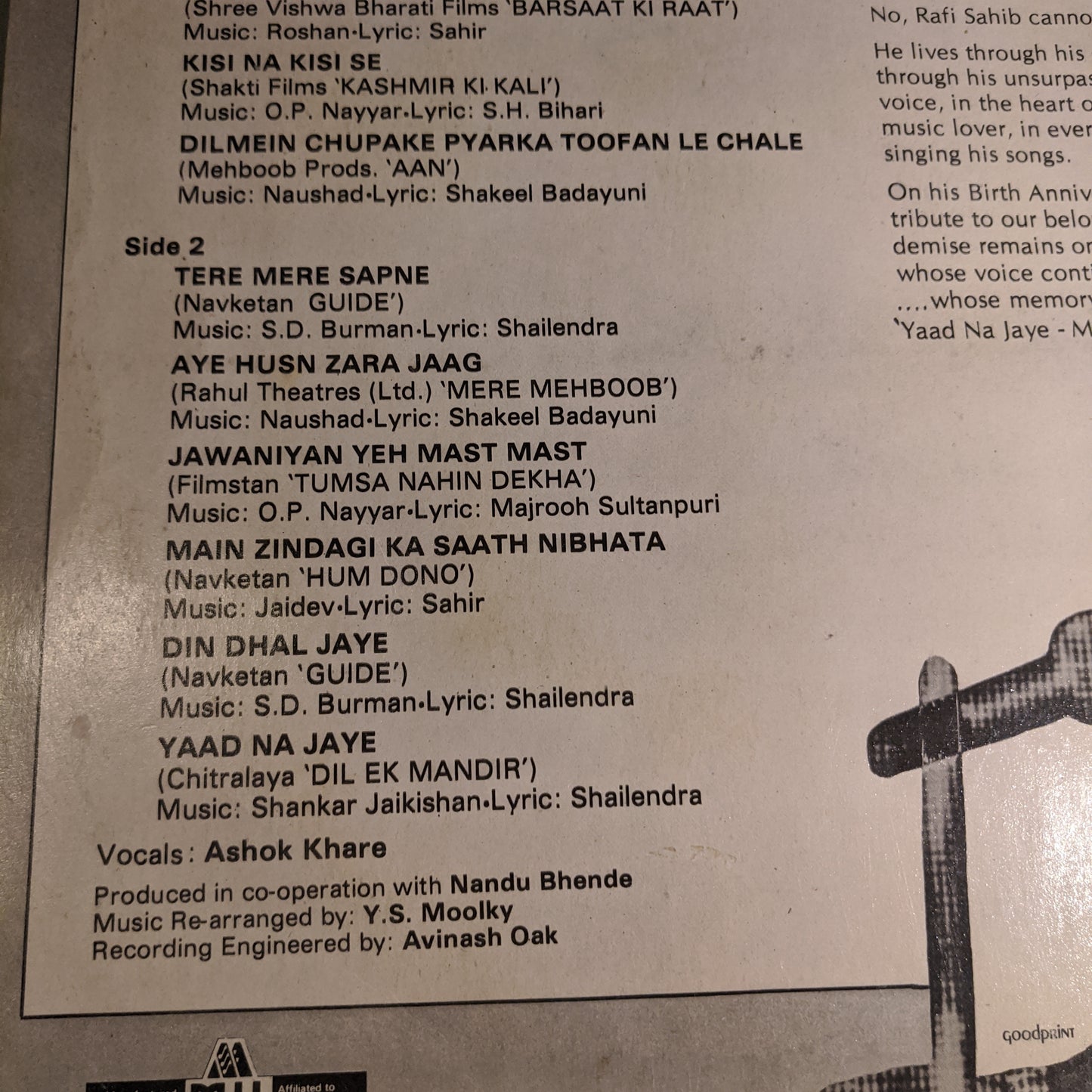 Ashok Khare Yaad Na Jaye - Mohammed Rafi in Excellent