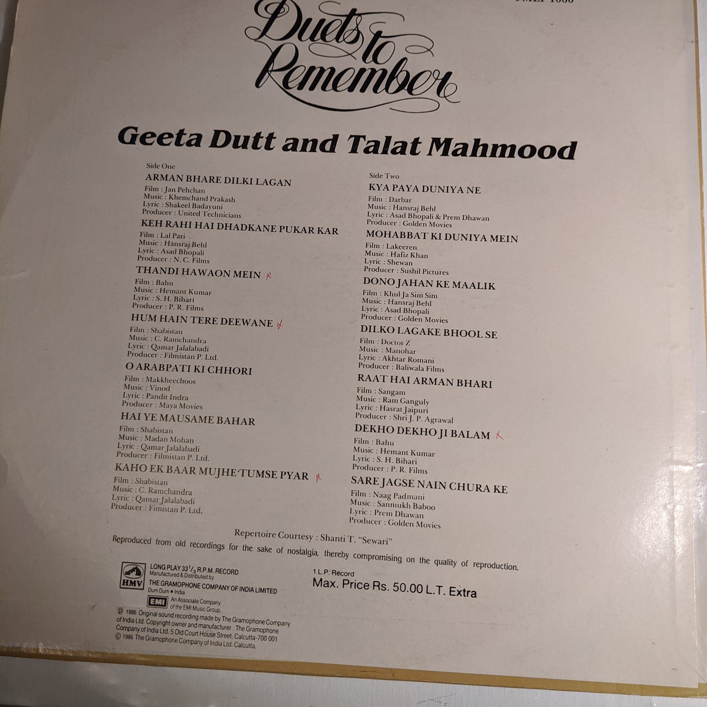 Duets to remember - Talat and Geeta Dutt - in near Mint condition