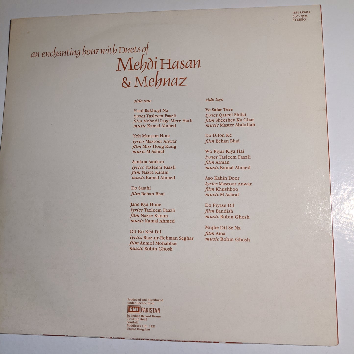 An enchanting hour of duets - Mehdi Hassan and Mehnaz in excellent condition