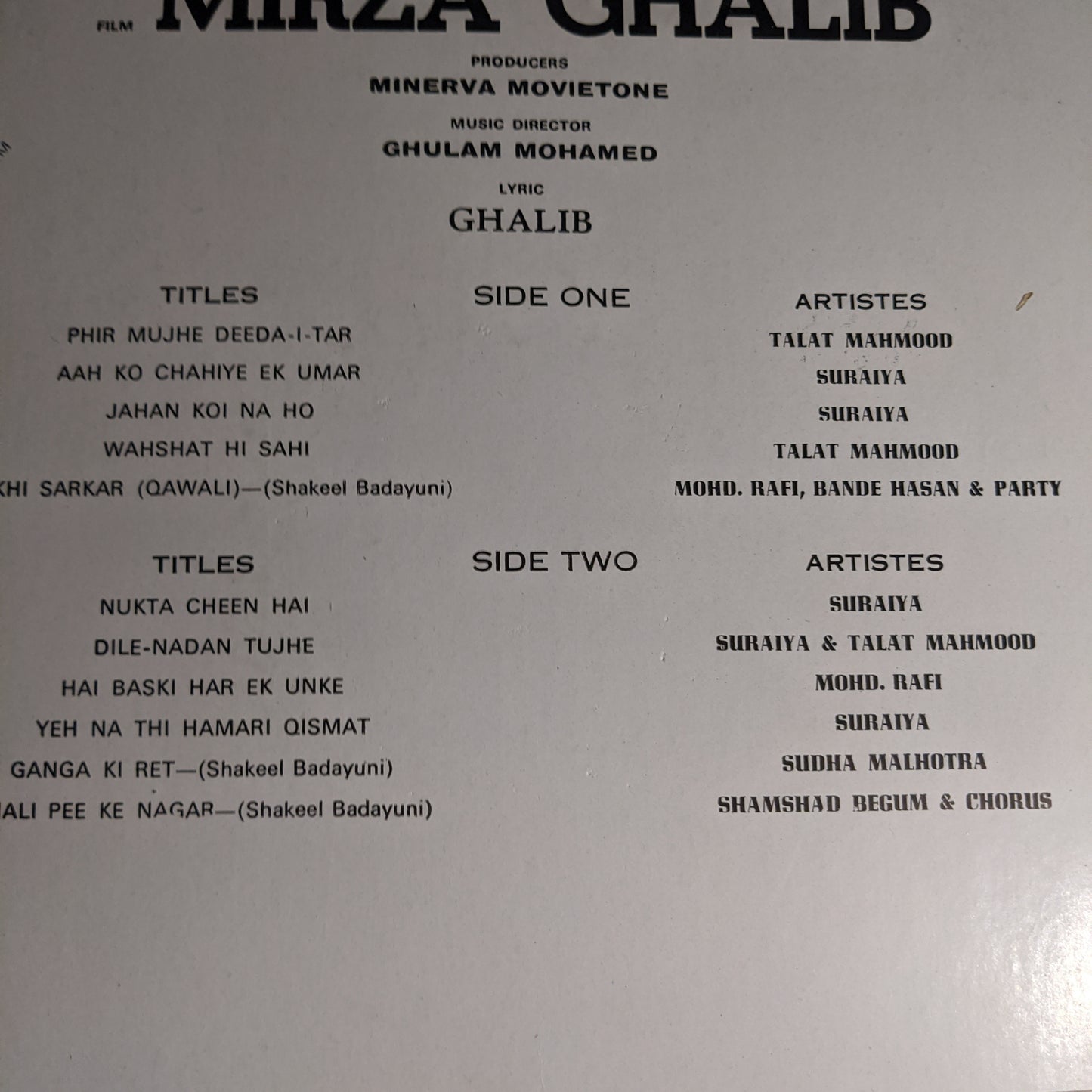 Mirza Ghalib - Superhit album by Ghulam Mohamed - in VG+ condition