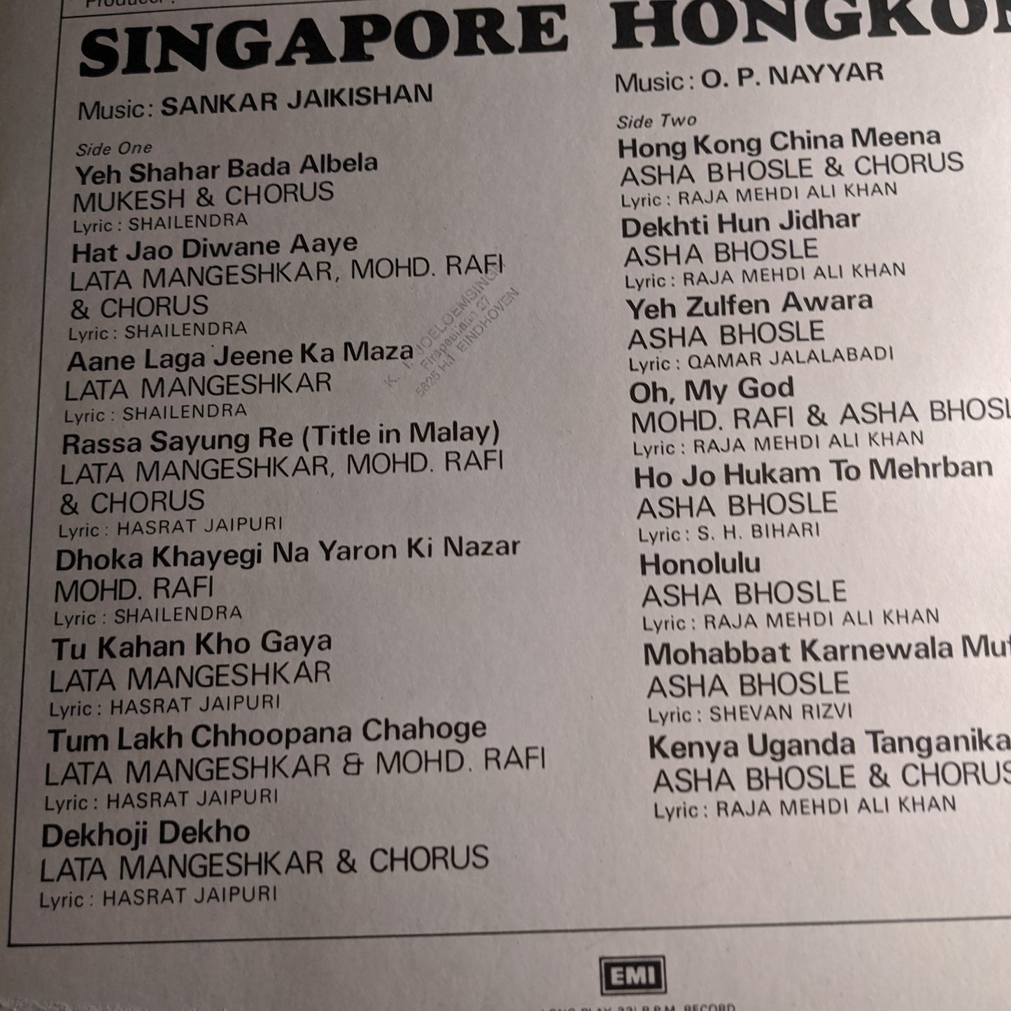 Singapore + Hong kong 2-in-1 Shankar jaikishan and O P nayyar in Near mint