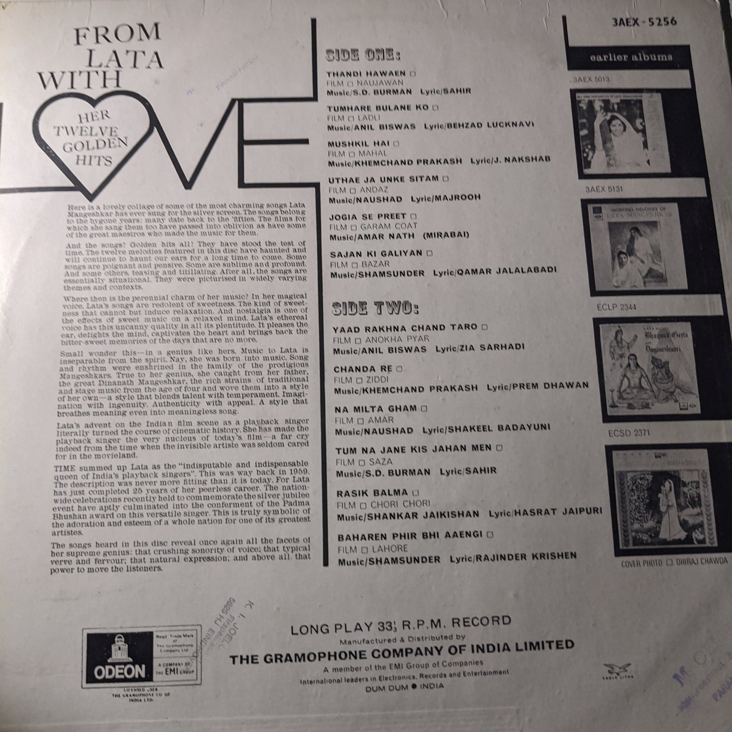 Lata Mangeshkar - From Lata with Love 12 Golden hits - in VG+