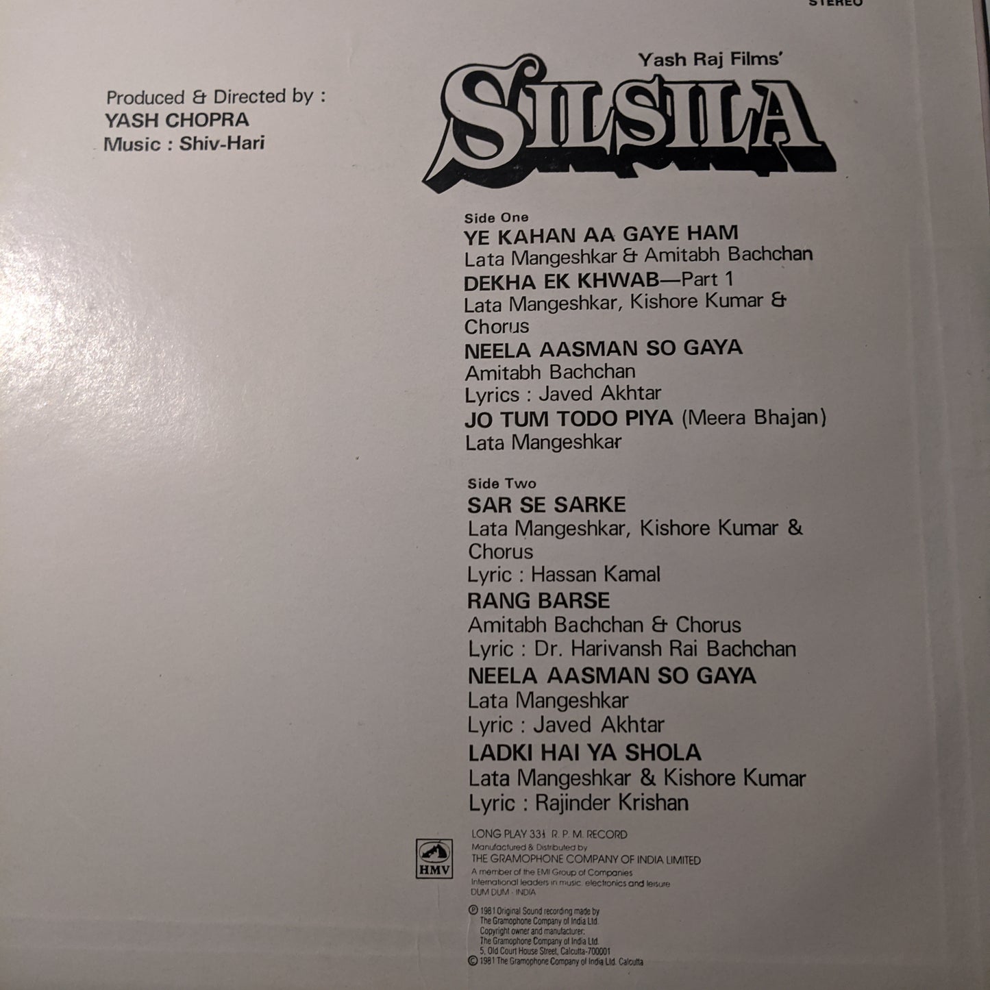 Silsila - Shiv Hari and Yash Chopra Near Mint(from dealer stock)