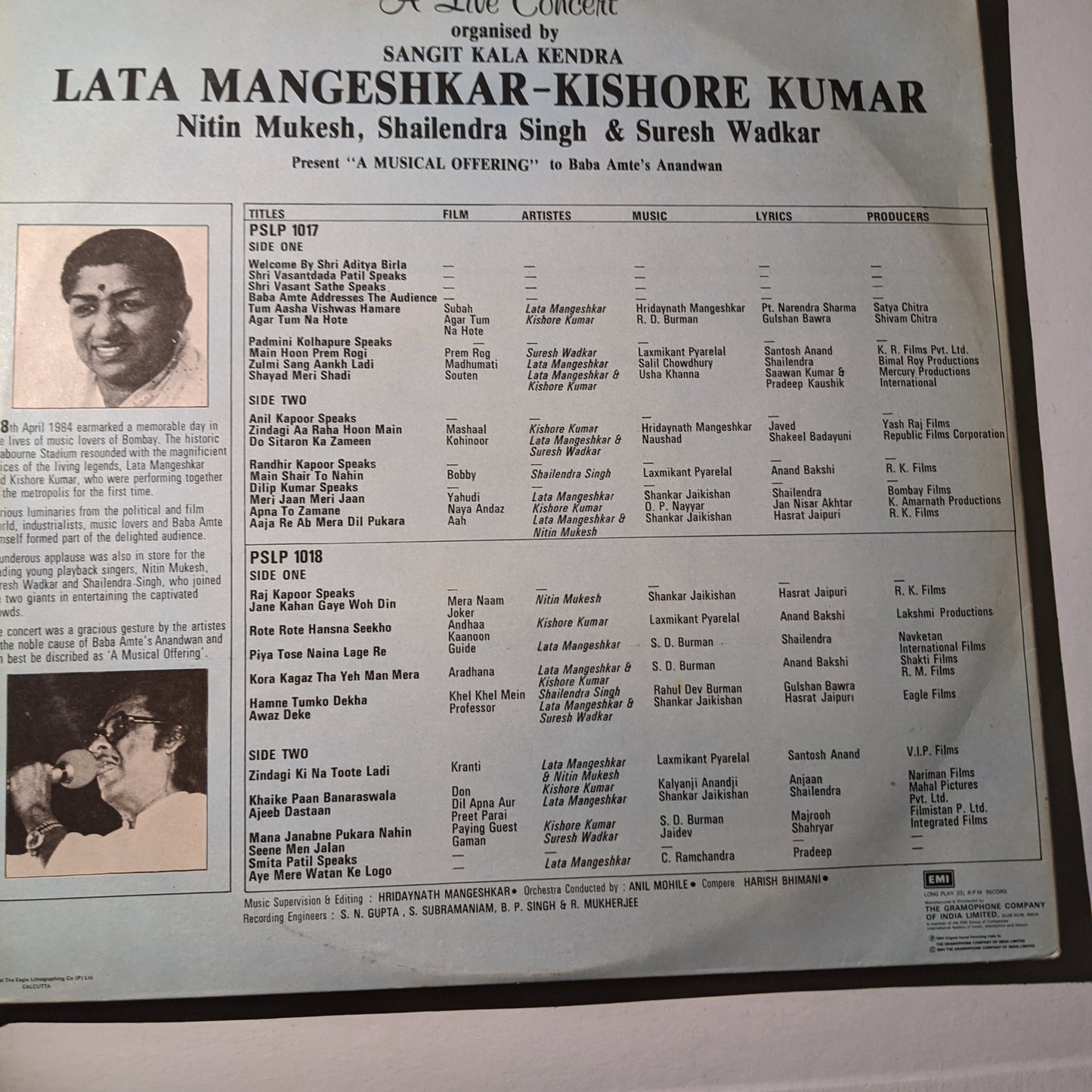 Lata Mangeshkar - Kishore Kumar, Nitin Mukesh, Shailendra Singh & Suresh Wadkar - A Live Concert Organised By Sangit Kala Kendra ("A Musical Offering" To Baba Amte's Anandwan) condition Near mint Pristine Well preserved