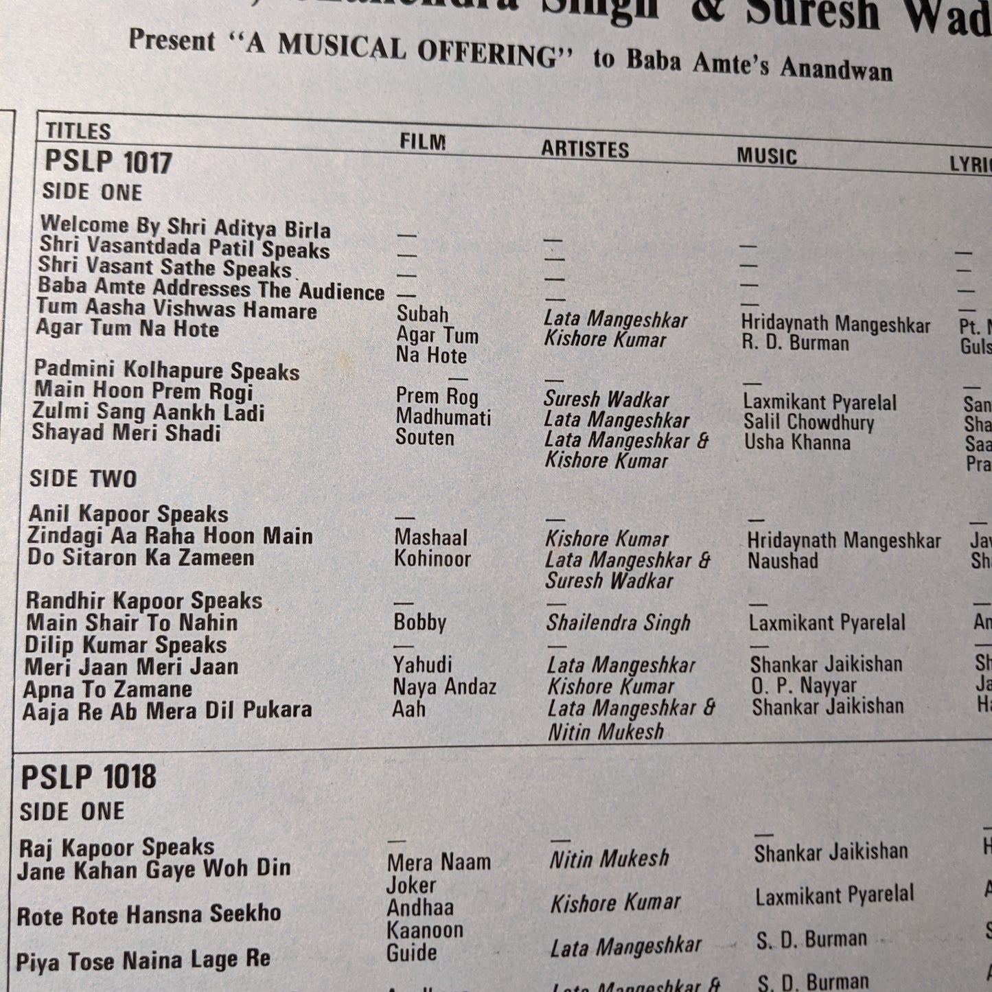 Lata Mangeshkar - Kishore Kumar, Nitin Mukesh, Shailendra Singh & Suresh Wadkar - A Live Concert Organised By Sangit Kala Kendra ("A Musical Offering" To Baba Amte's Anandwan) condition Near mint Pristine Well preserved