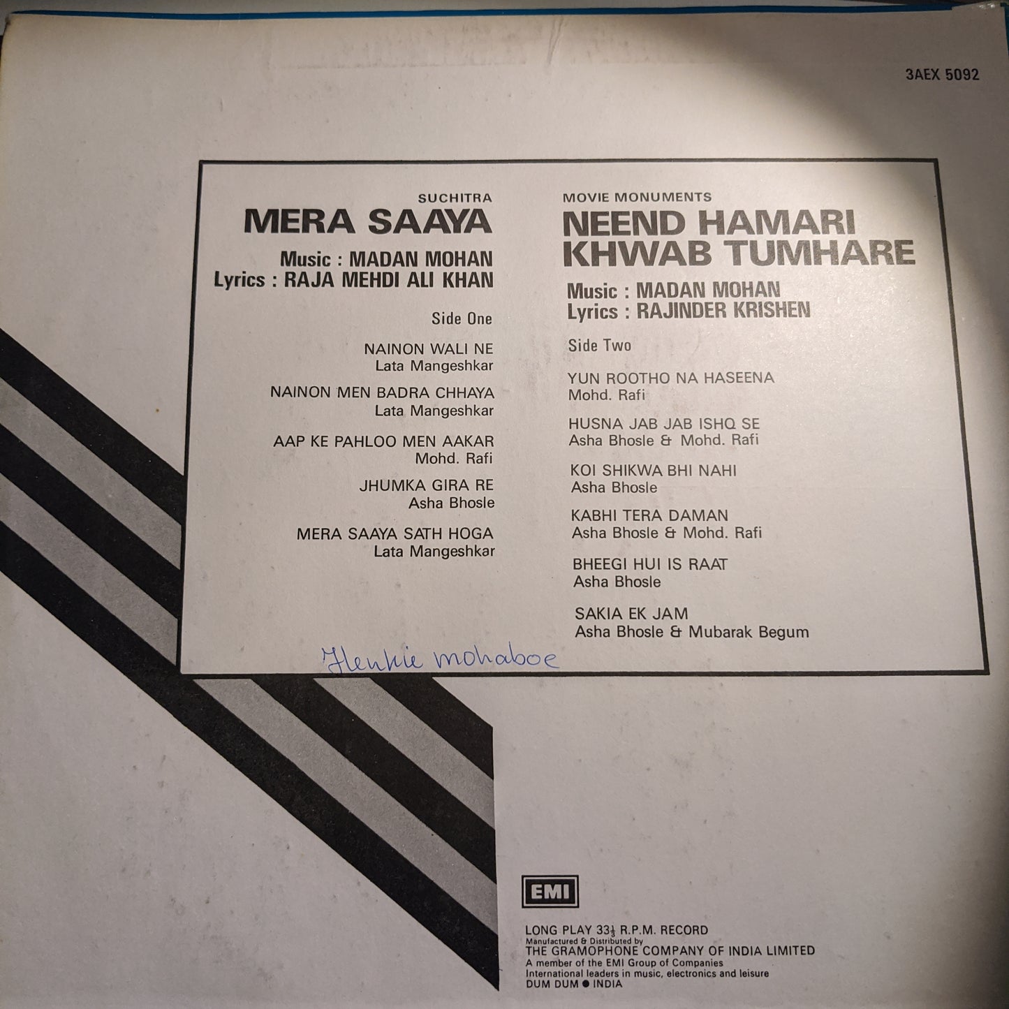 Mera Saaya + Neend Hamari Khwab Tumhare 2-in-1 , Madan Mohan superhit album in VG+