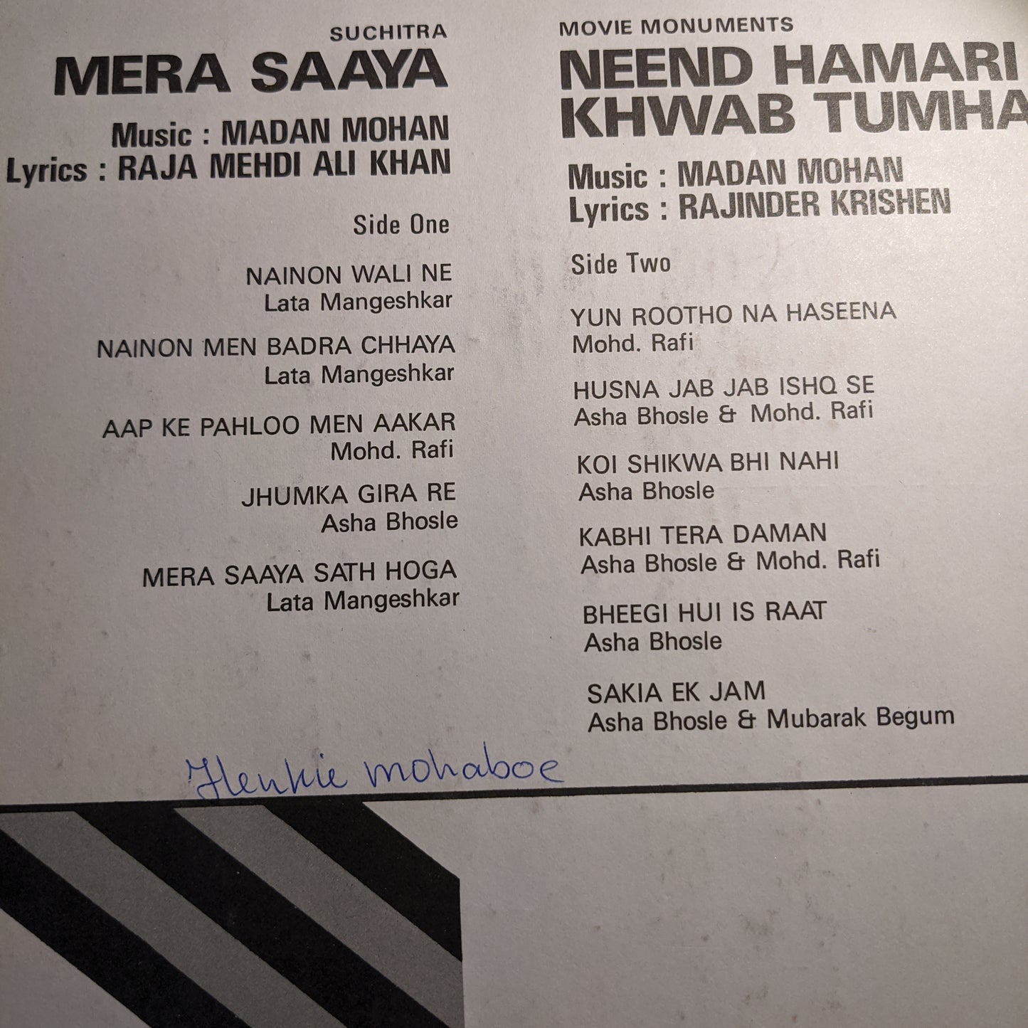 Mera Saaya + Neend Hamari Khwab Tumhare 2-in-1 , Madan Mohan superhit album in VG+