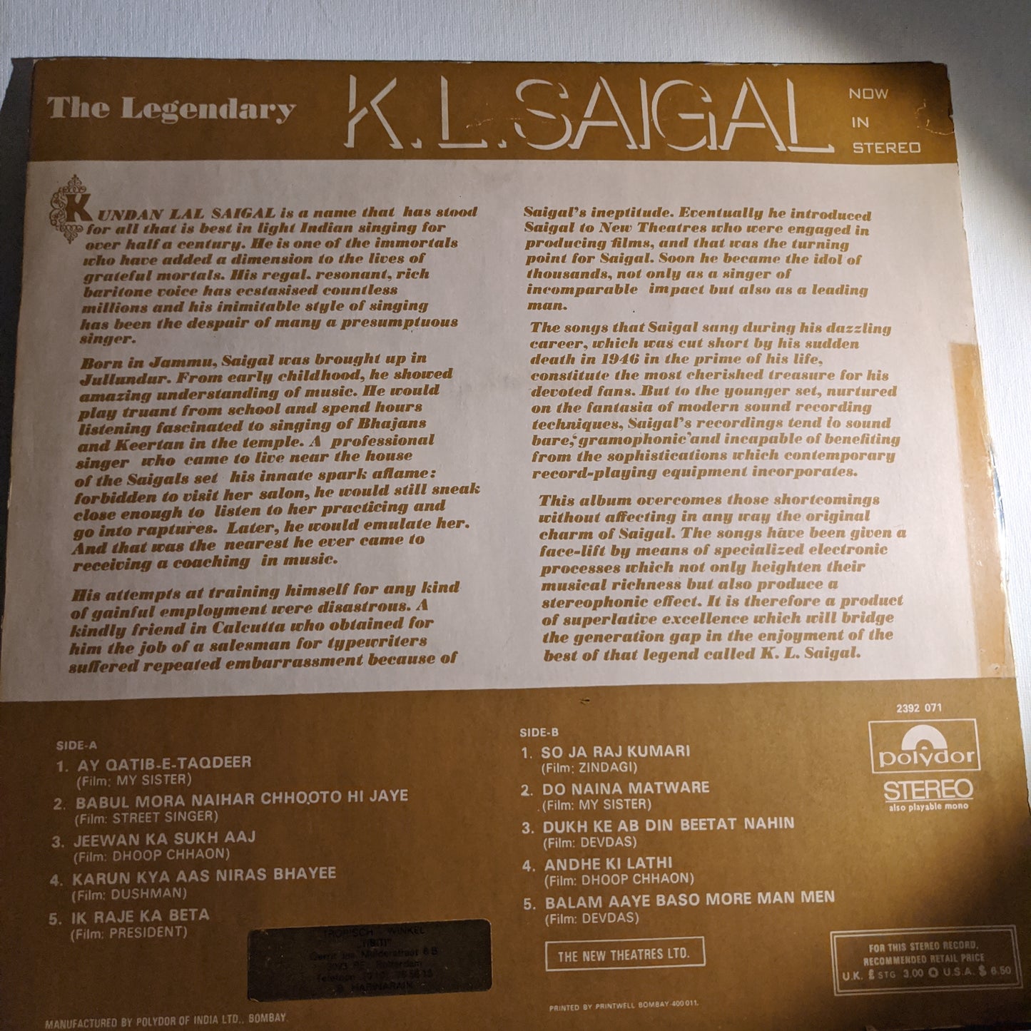 K L saigal - legendary in Stereo in excellent condition - contains All his popular songs