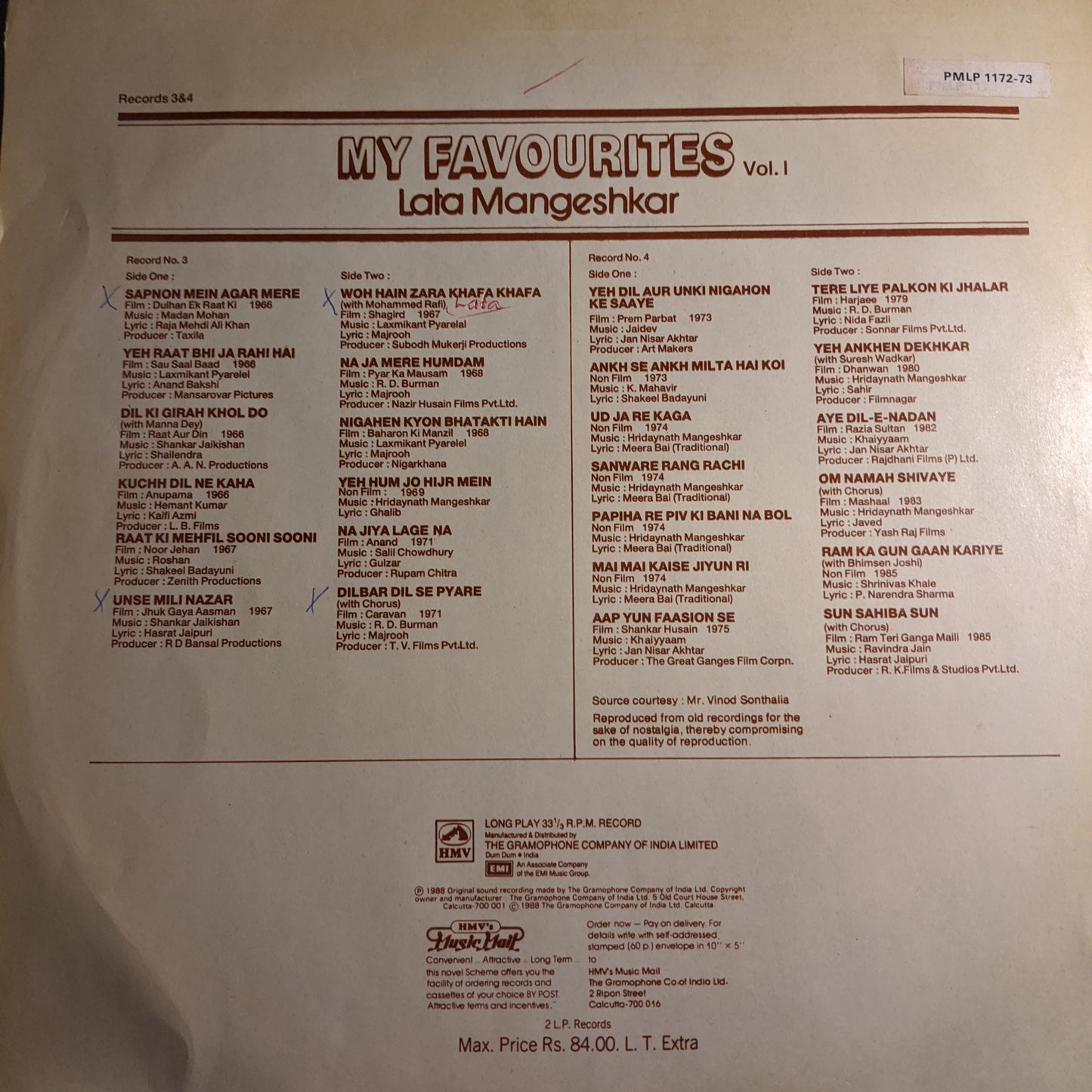 Lata Mangeshkar - My Favourites Vol 1 near Mint. 2 LP set .