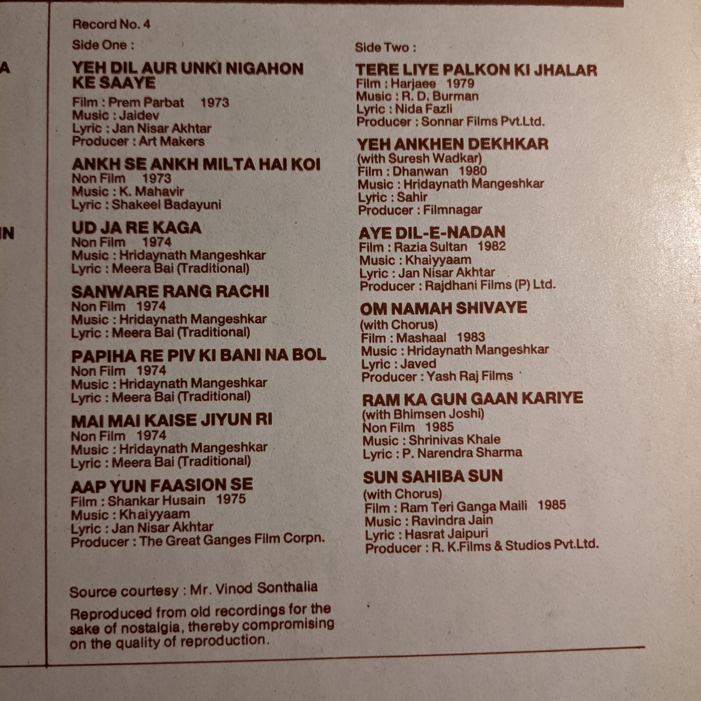 Lata Mangeshkar - My Favourites Vol 1 near Mint. 2 LP set .