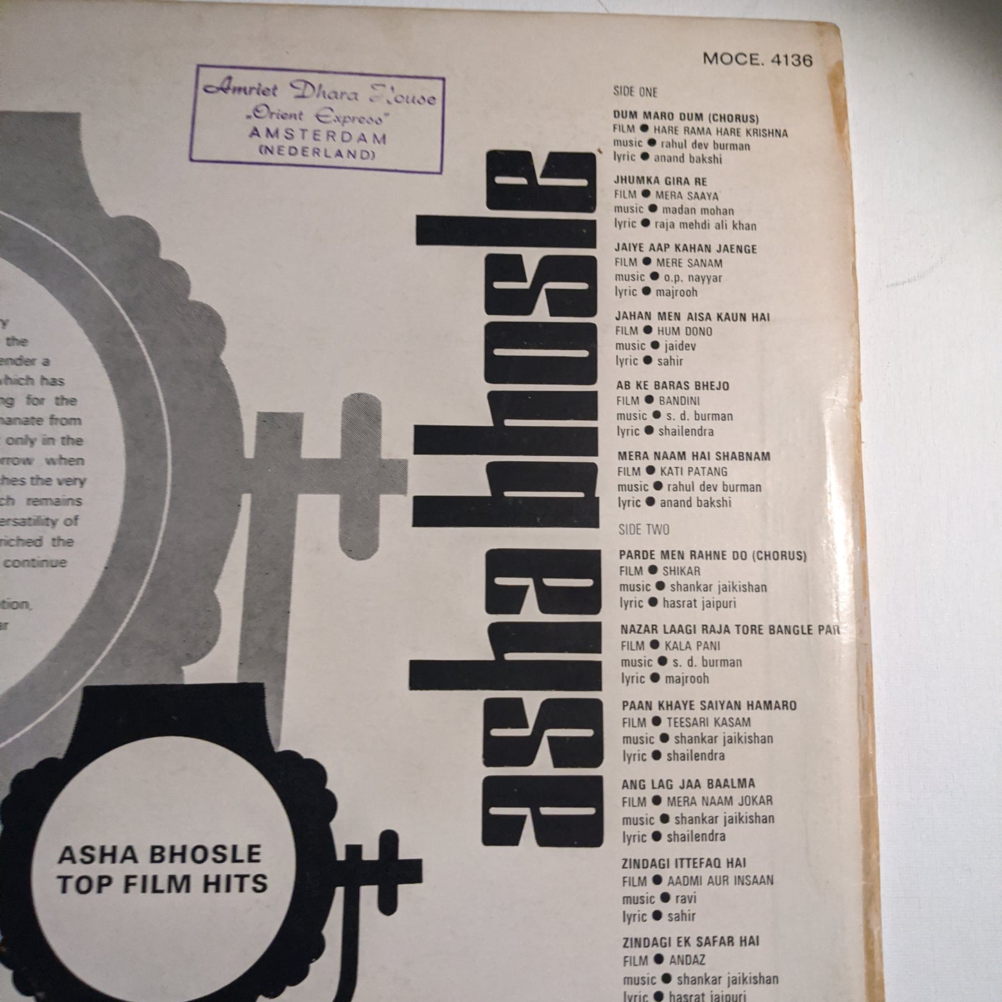 Asha bholse - Top Film hits in Heavy Odeon pressing in Excellent