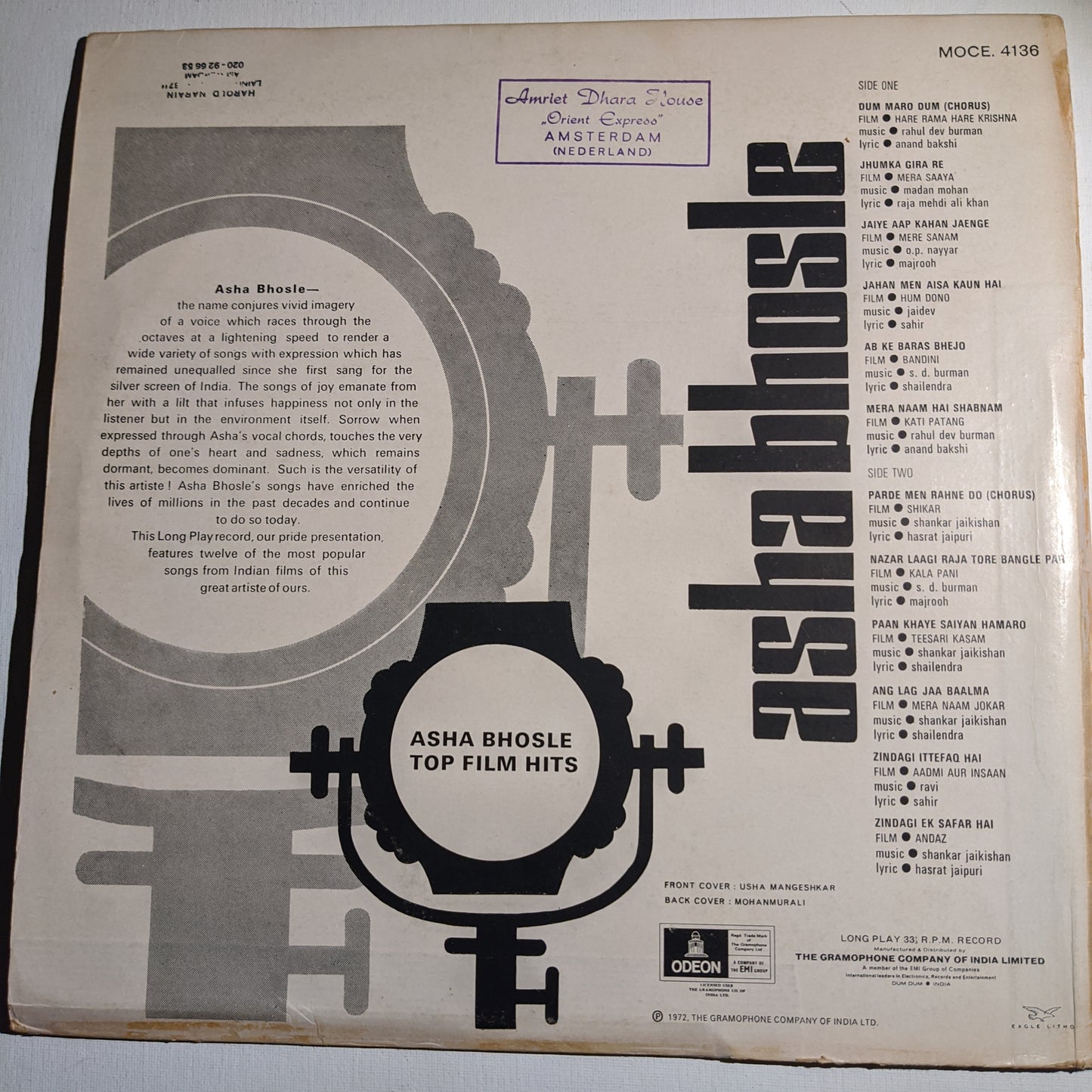 Asha bholse - Top Film hits in Heavy Odeon pressing in Excellent